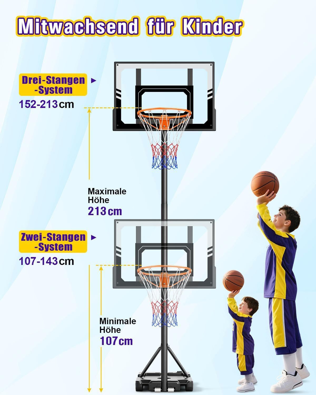 Yohood Basketballkorb Basketballkorb für Kinder 107–213cm mit Ständer und Rädern