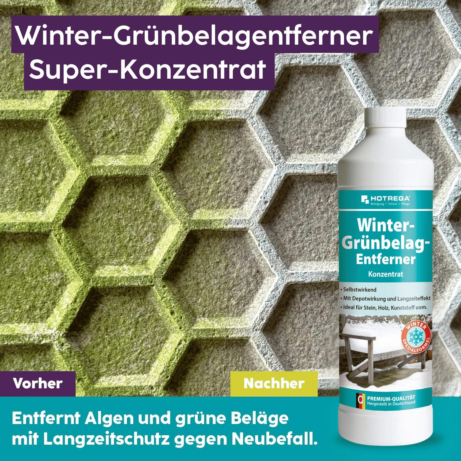 HOTREGA® Grünbelagentferner Winter 1:10 Super-Konzentrat 1L, Wirkt bei Kälte Grünbelagentferner