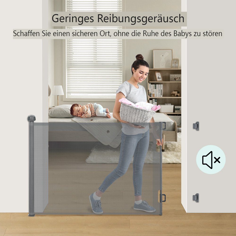 Comomy Türschutzgitter (Baby Treppenschutzgitter Automatische 0-180°, Grau Verriegelung), Einziehbar 140/180cm