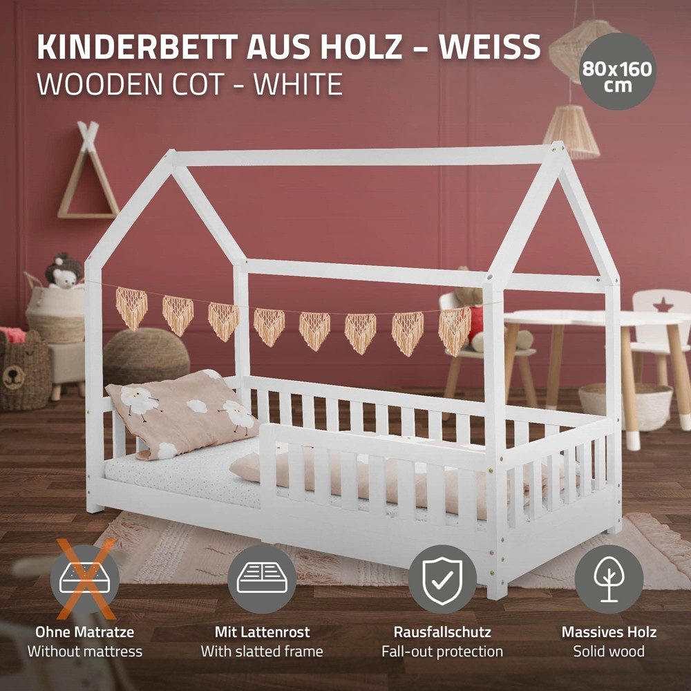 ML-DESIGN Spielbett Hausbett Kinderbett inkl. Lattenrost kreativ Bodenbett für Kinder, Abenteuerbett zum Spielen mit Rausfallschutz Kiefer Weiß Himmelbett – Bild 2 von 5