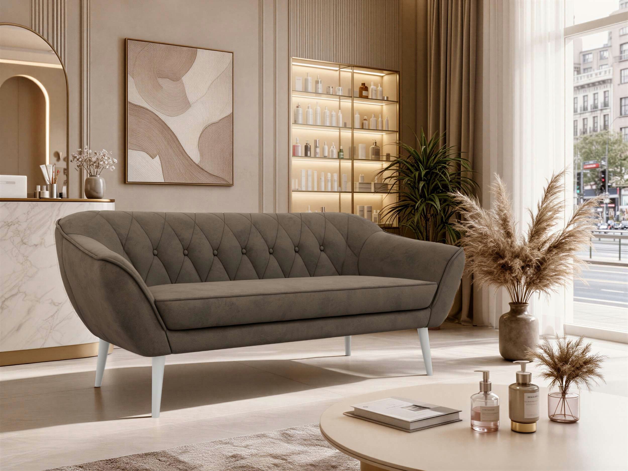 MKS MÖBEL Sofa PIRS, 3-Sitzer, Design mit Steppung, Wellenfederung, Scandi-Design, Füße wählbar
