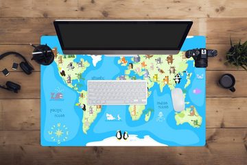 MuchoWow Gaming Mauspad Weltkarte - Kind - Tiere - Blau - Jungen - Mädchen (1-St), Büro für Tastatur und Maus, Mousepad Gaming, 90x60 cm, XXL, Großes
