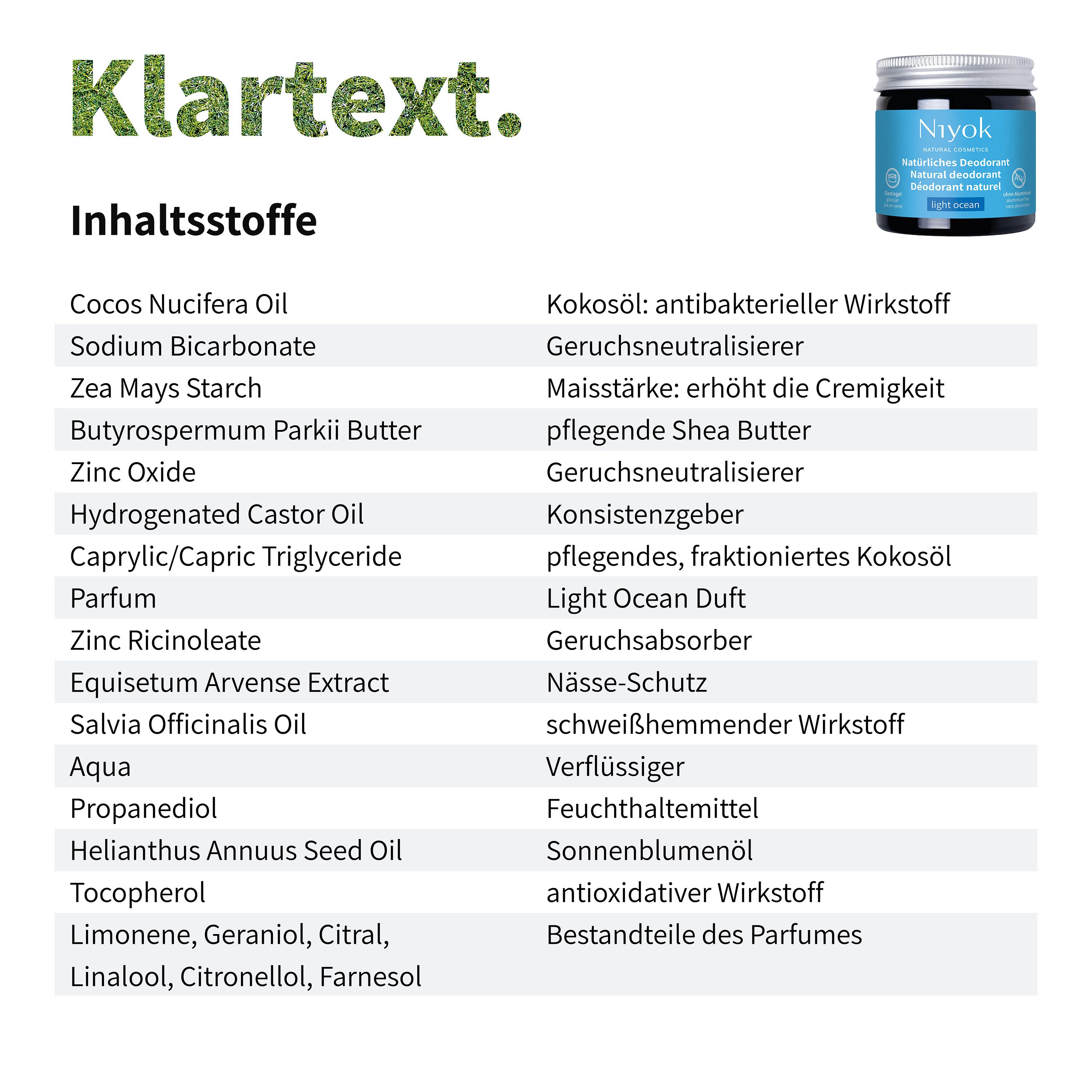 Niyok Deo-Creme 2-in-1 anti-transpirant, Schutz vor Geruch & Schweiß, ohne Alluminium, Light Ocean, Deodorant Creme Unisex, Feste Deo Creme, vegan