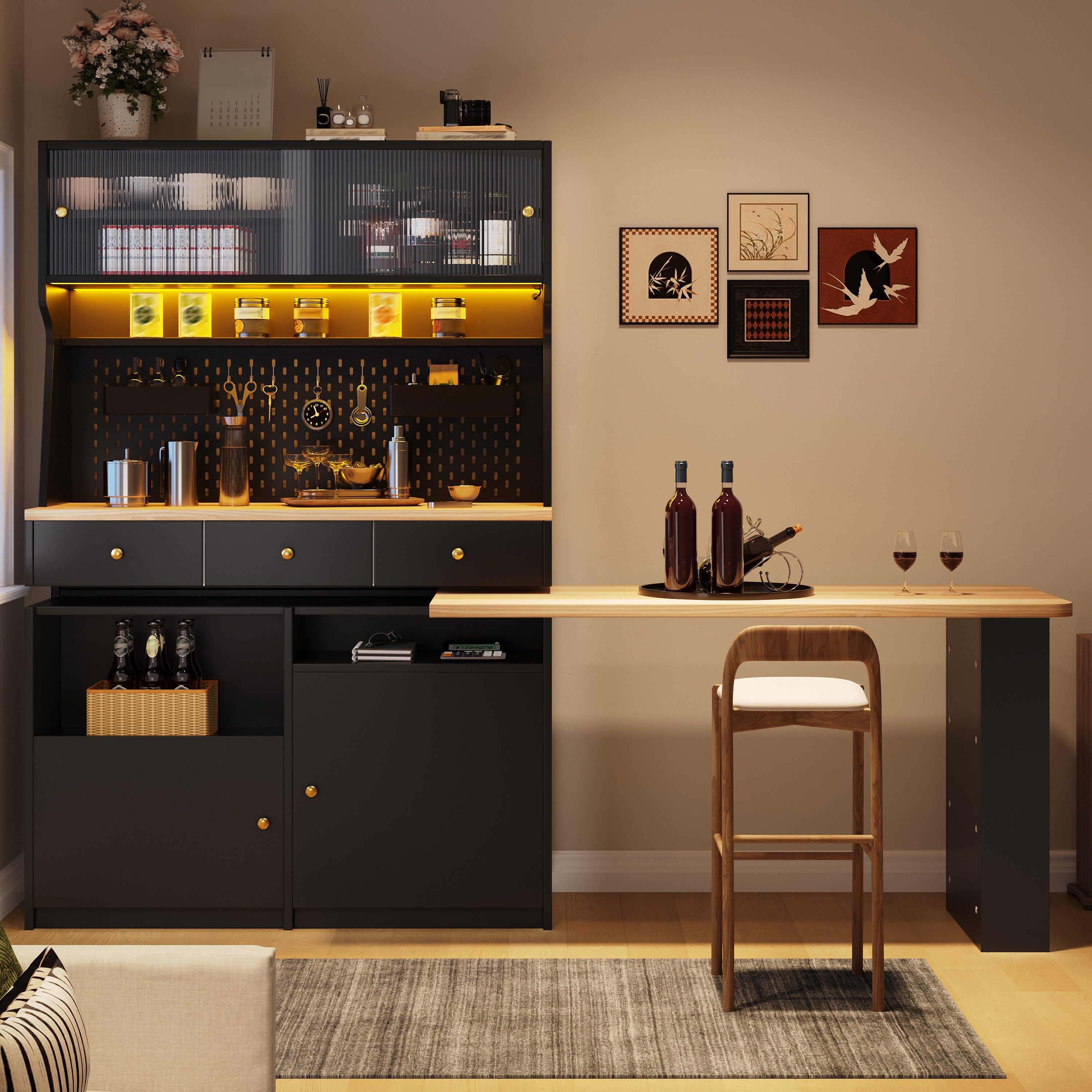 Flieks Buffet Küchenschrank Küchenbuffet mit 360° drehbar Esstisch (Buffetmaße: 119,2x44,8x177,7 cm, Tischplattemaße: 137x59 cm, 2-St., mit Acryl-Schiebetür und Schubladen) Hochschrank mit LED-Beleuchtung & Stecktafel, Arbeitstisch mit Ablagen