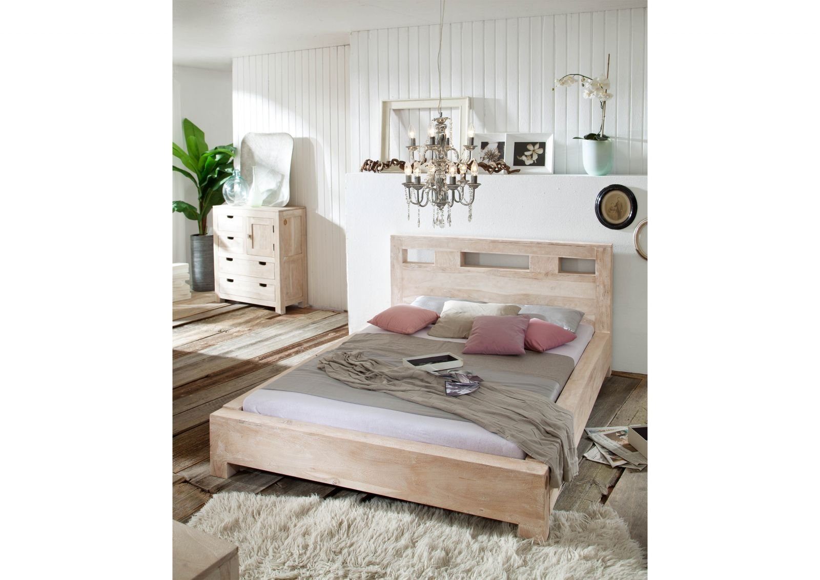 Massivmoebel24 Massivholzbett NATURE WHITE (Bett Akazie 140x200x90 white stone getüncht  NATURE WHITE #203), Bett Akazie 140x200x90 white stone getüncht  NATURE WHITE #203