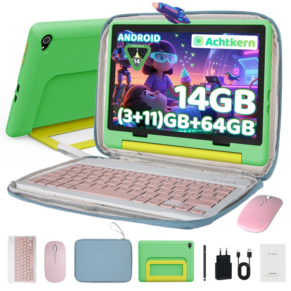 BUFO 10 Zoll Android 16, 24(3+21)GB RAM+64GB, 1280x800 HD IPS, Kinder Tablet (10", 64 GB, Android 16, WiFi 6, GMS-Zertifizierung Android 16, mit Stylus/Maus/Tastatur)