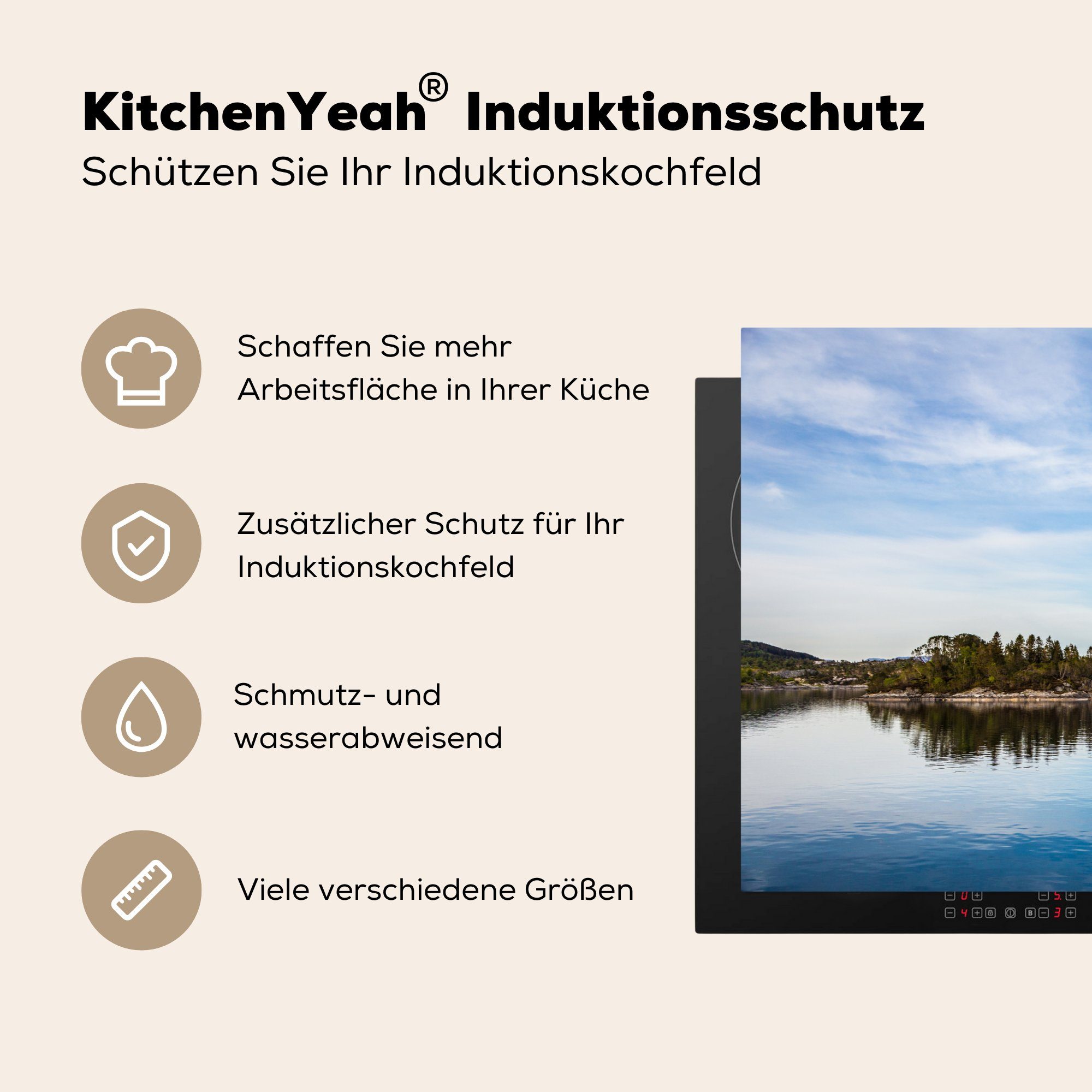 Induktionskochfeld - MuchoWow Herdblende-/Abdeckplatte 81x52 Nordsee Vinyl, Bäume, küche, Norwegen (1 Ceranfeldabdeckung - cm, tlg), für die Schutz