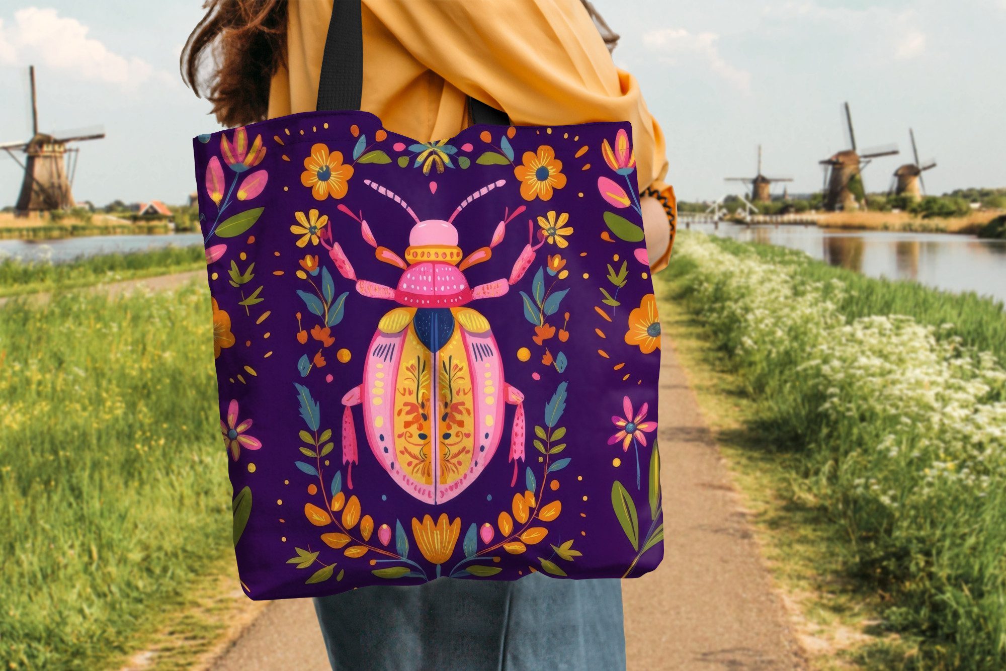 MuchoWow Shopper Käfer - Leuchtend bunt - Blüten - Blätter, Handtasche, Damen und Herren, Schultertasche, Umhängetasche, Tote Bag