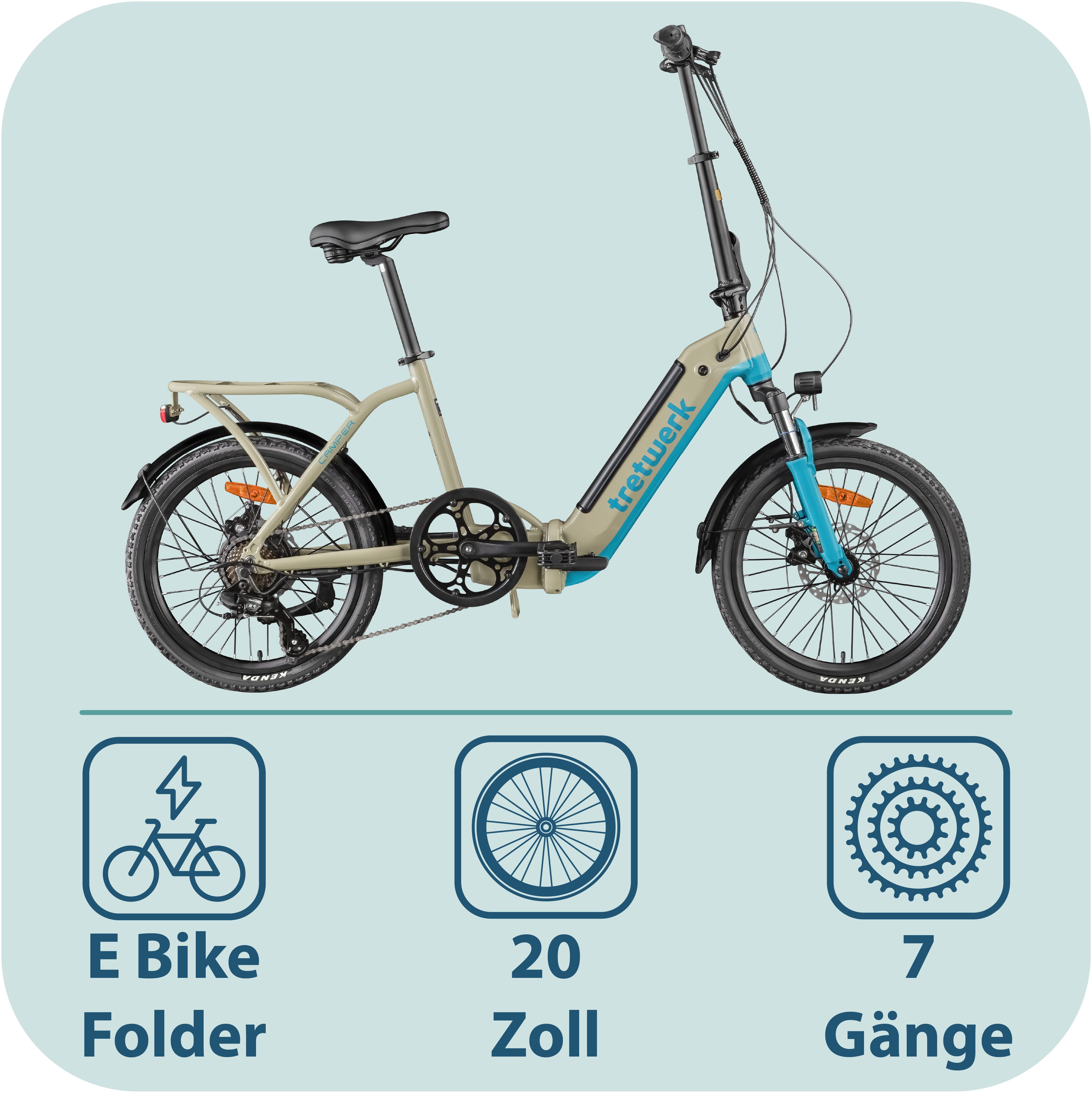 Tretwerk E-Bike Faltrad Camper, 7 Gang Shimano Tourney TY300 Schaltwerk, Kettenschaltung, Heckmotor, 468 Wh