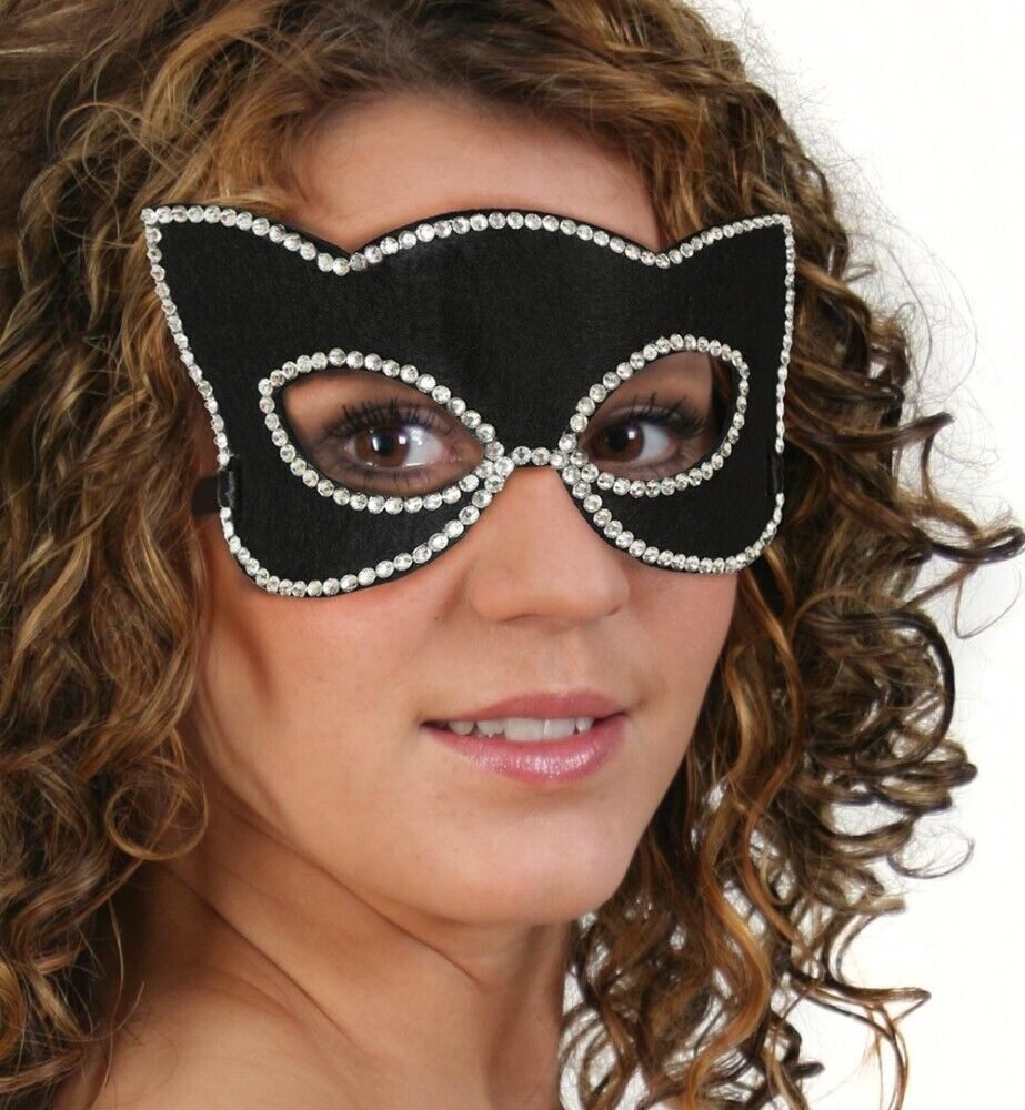 Fries Verkleidungsmaske Domino Katzenlady Katzen Maske Schwarz mit Glitzersteinen Karneval