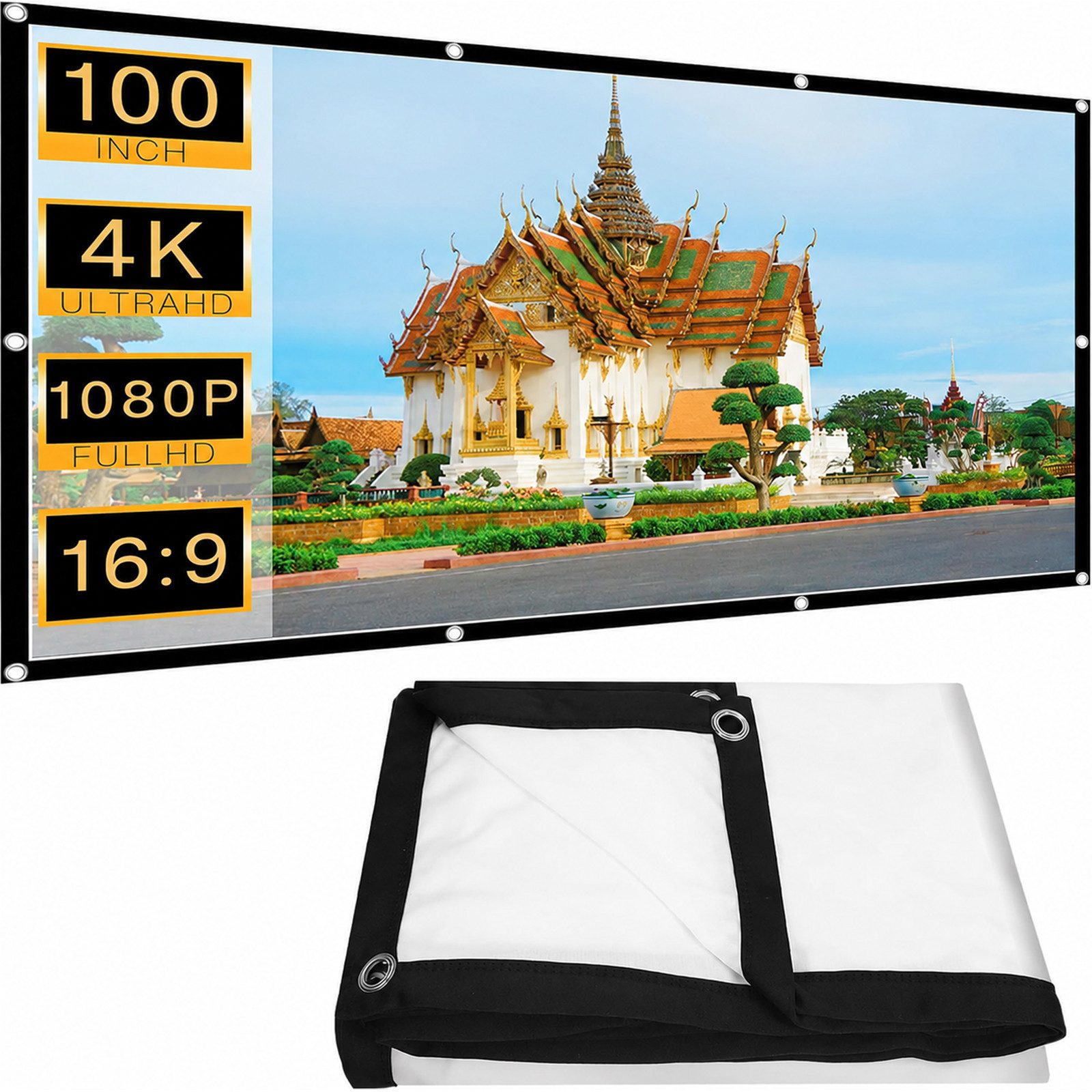 MOPUEA Projektionsleinwände 100 Zoll Leinwand 160° Blickwinkel Indoor Outdoor Faltrahmenleinwand (Faltbar, tragbar, 160° Blickwinkel, HD-Projektion, schnell montiert)