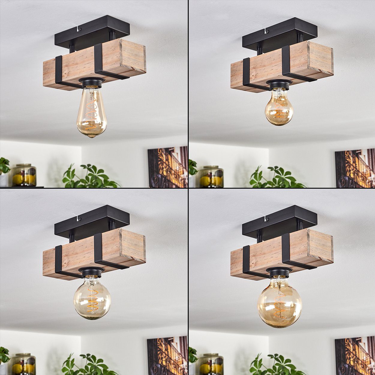 hofstein Deckenleuchte moderne Deckenlampe aus Metall/Holz in Schwarz/Natur, ohne Leuchtmittel, im industrial Design mit Holzbalken, 1 x E27, ohne Leuchtmittel – Bild 2 von 5