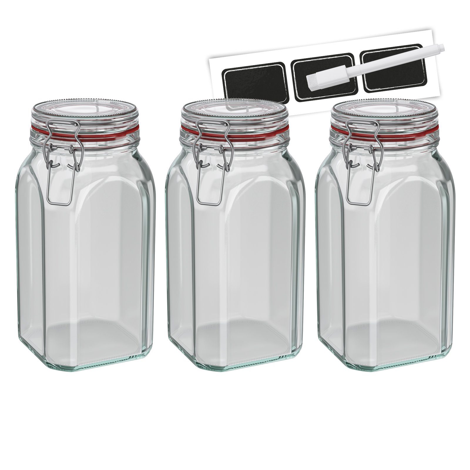 Wellgro Vorratsglas Einmachglas mit Bügelverschluss – 1540 ml Bügelverschlussglas inkl. Etiketten und Kreidestift – Vorratsglas, Drahtbügelglas, Nudelglas – Glas Made in Germany, (3-tlg)