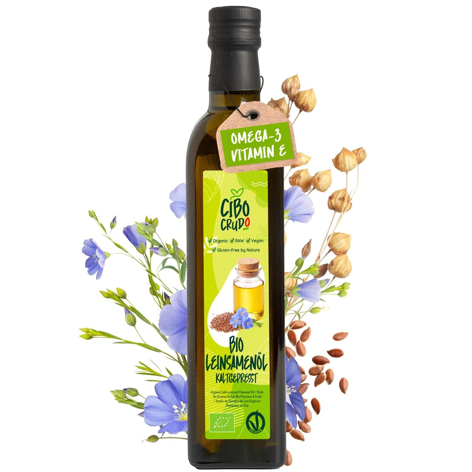 CibroCrudo Leinöl Bio Kaltgepresst und Rein - 500ml Öl, Leinsamenöl Bio Reich an Ungesättigte Omega 3 Fettsäuren Antioxidantien und Kalzium à 500 ml