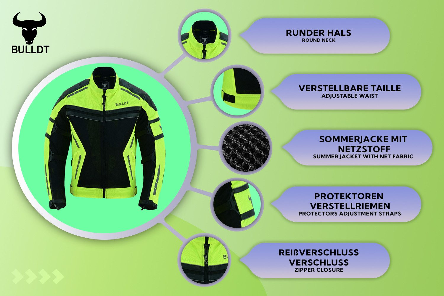 BULLDT Motorradjacke BLD323J (mit abnehmbare 4 Stück Protektoren) Sommer Jacke mit Mesh-Netz 360° Reflektoren & Zipper-Taschen