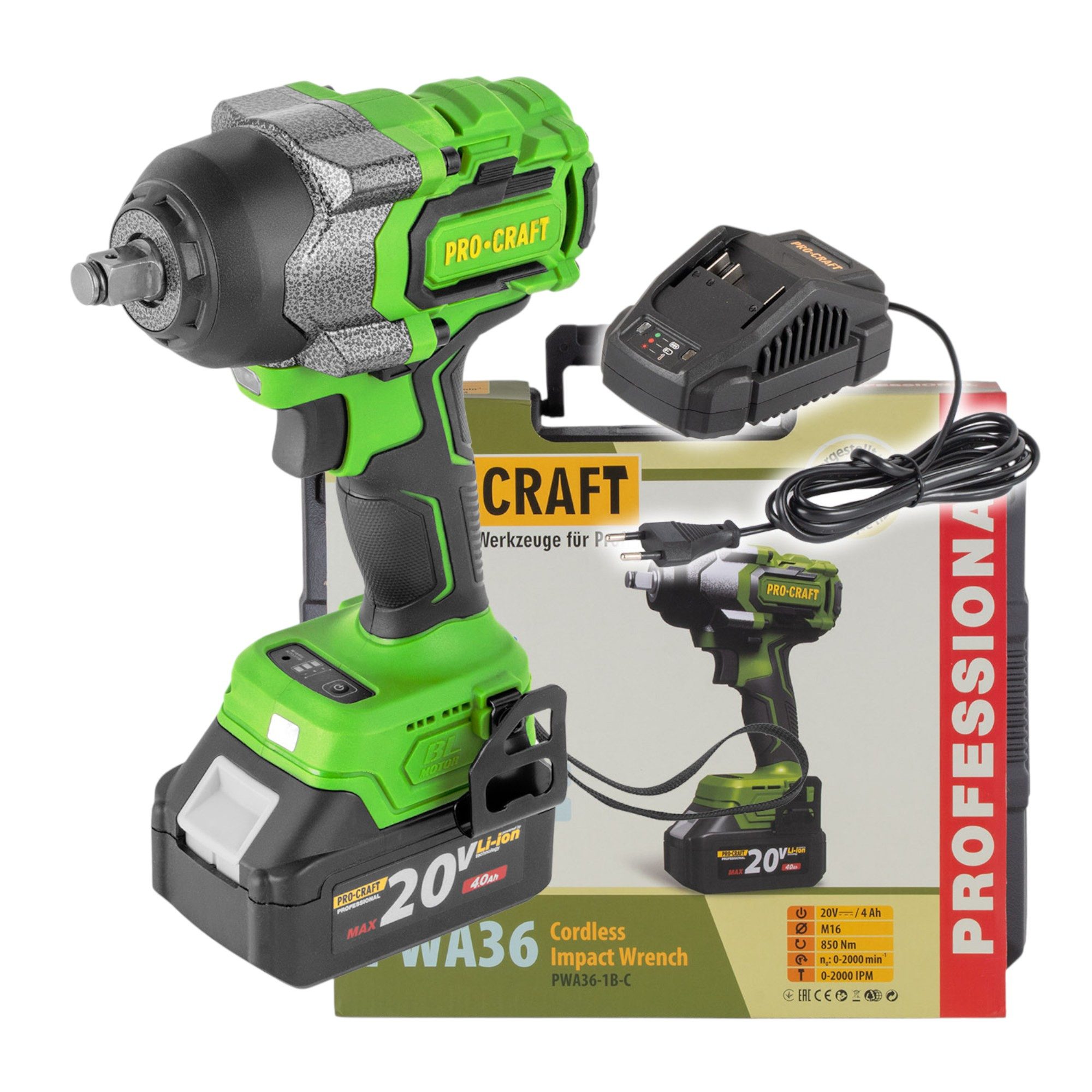 PRO CRAFT Akku-Schlagschrauber PWA36-1B-C 20 V 850 Nm 1/2" + 1x Akku 4,0 Ah + Ladegerät + Koffer