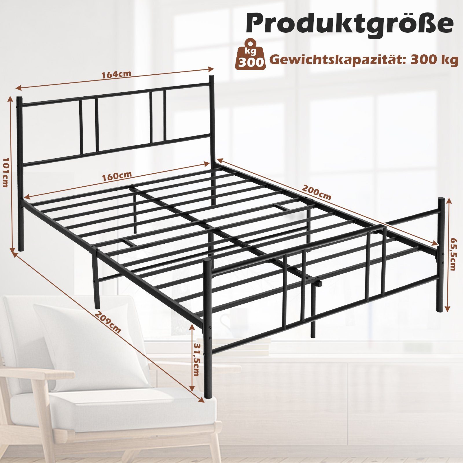 COSTWAY Bettgestell, 160x200cm, Metall, mit Lattenrost, ohne Matratze
