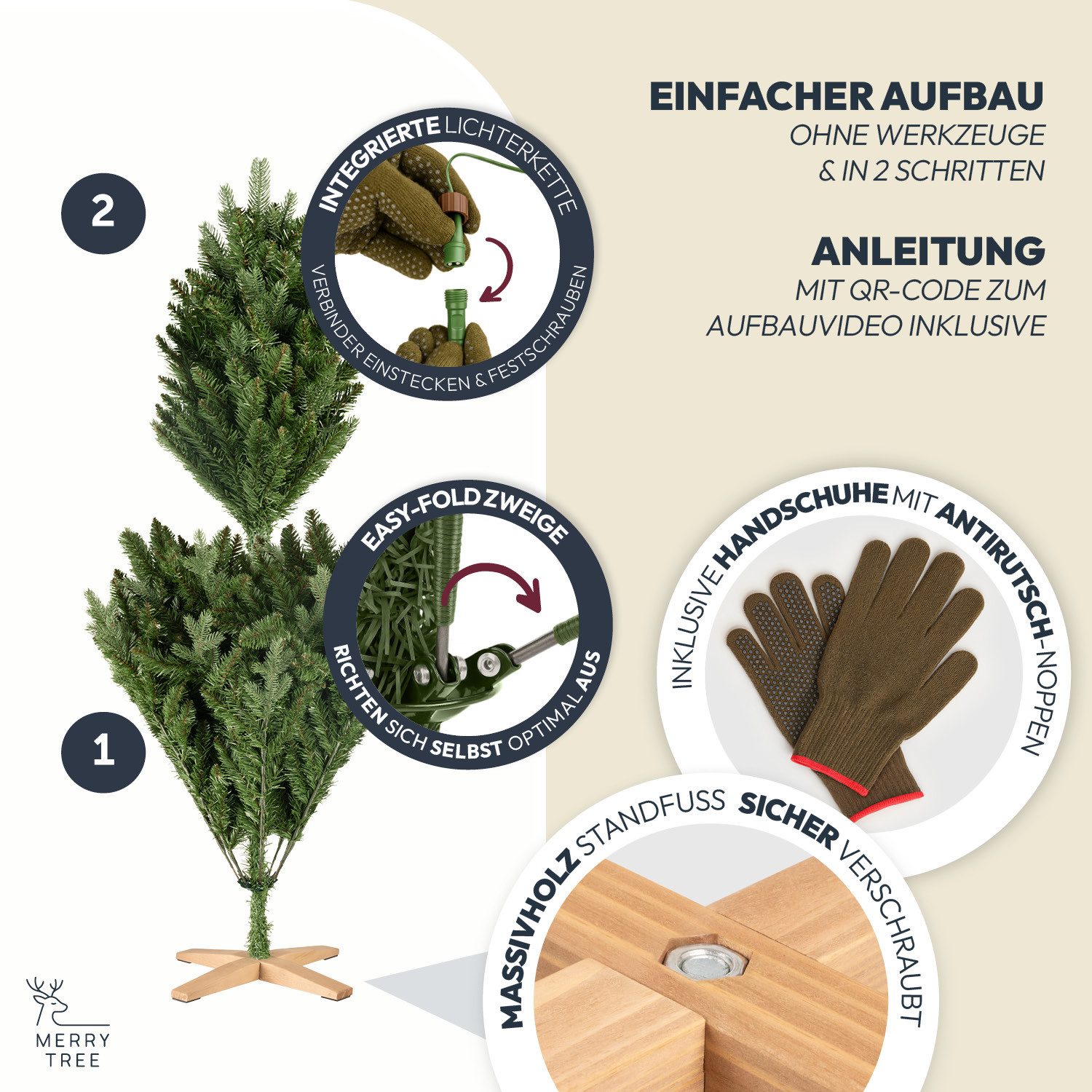 MERRY TREE Künstlicher Weihnachtsbaum Premium künstlicher Weihnachtsbaum aus naturgetreuem PVC + PE, Nordmanntanne, Spritzguss Mix mit massivem Holzfuß, mit und – Bild 5 von 5