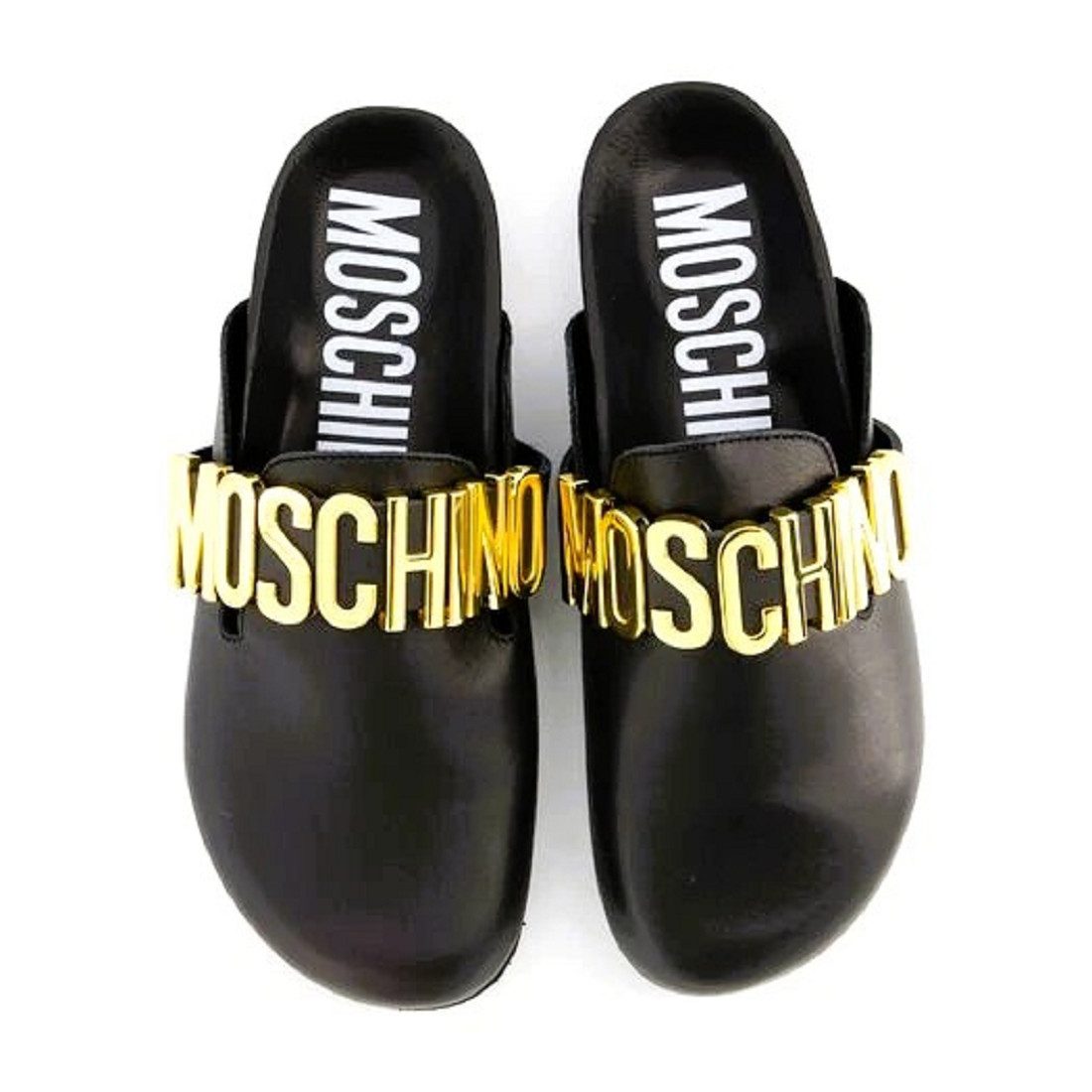 Moschino MOSCHINO SCARPAU.BIRKY VITTELLO NERO, Herren Leder Mule Sandalen Mules aus echtem Leder, Gold Farben Logo