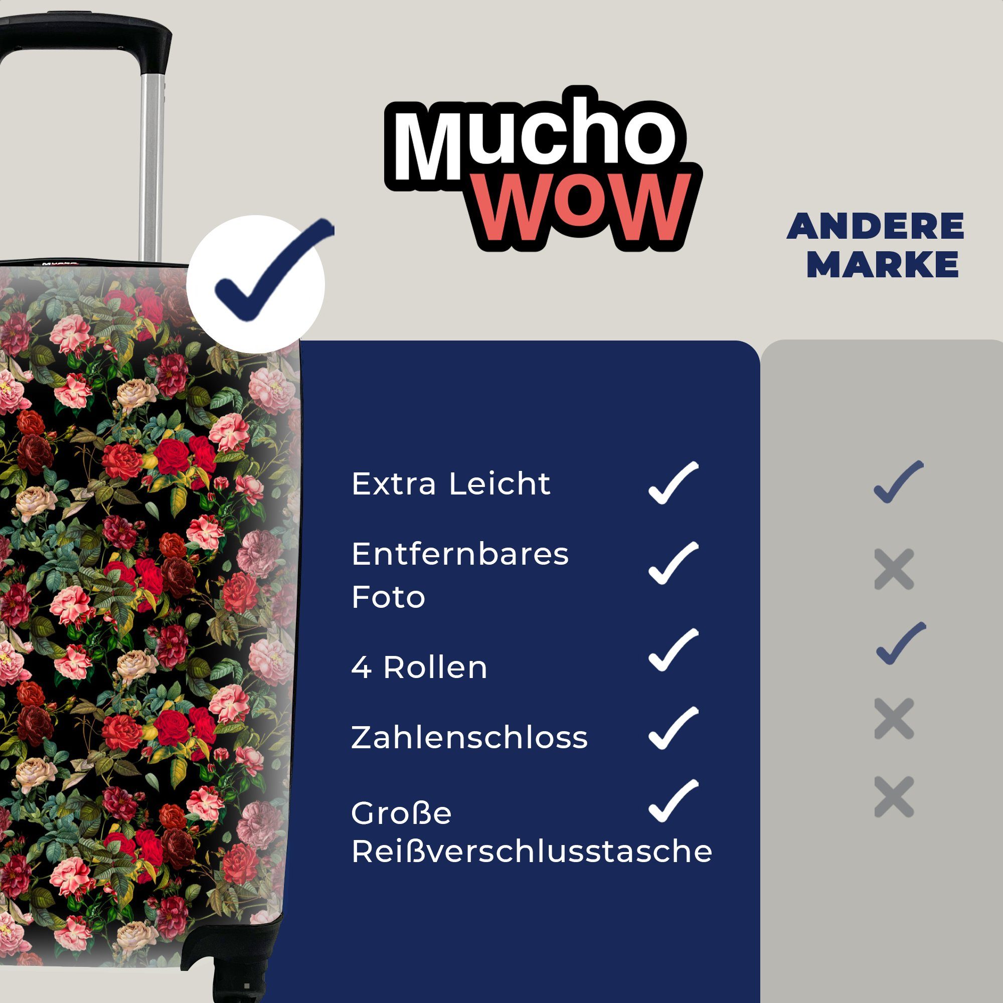 MuchoWow Handgepäckkoffer Reisekoffer - - Rosen, mit Rot Trolley, 4 Ferien, Rollen, Reisetasche Blumen rollen, Handgepäck für