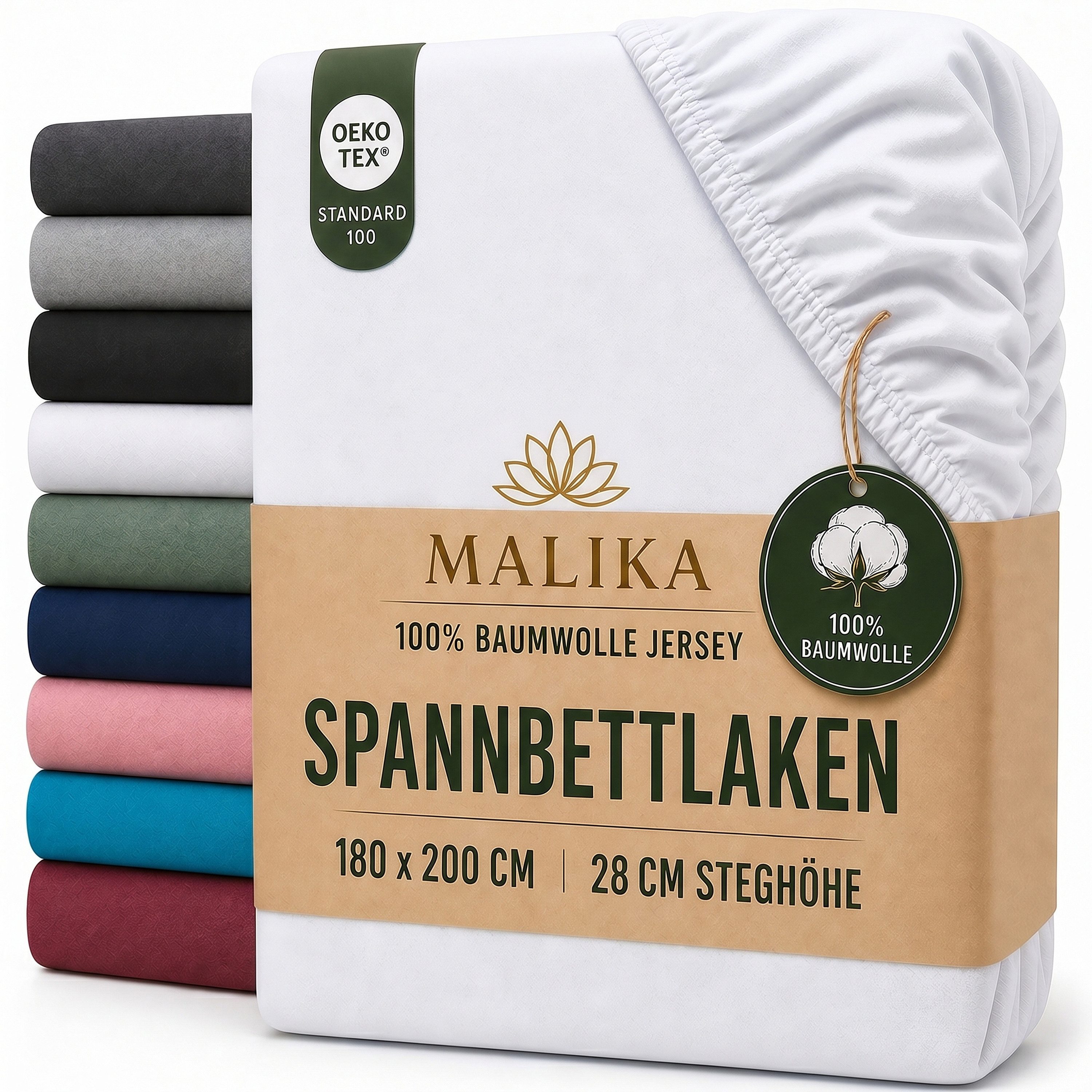 Malika Spannbettlaken aus 100% Baumwolle, 90-100x200, Weiss, Jersey Baumwolle, Gummizug: Ja, (1 Stück), Allergikergeeignet, Pflegeleicht und Atmungsaktiv