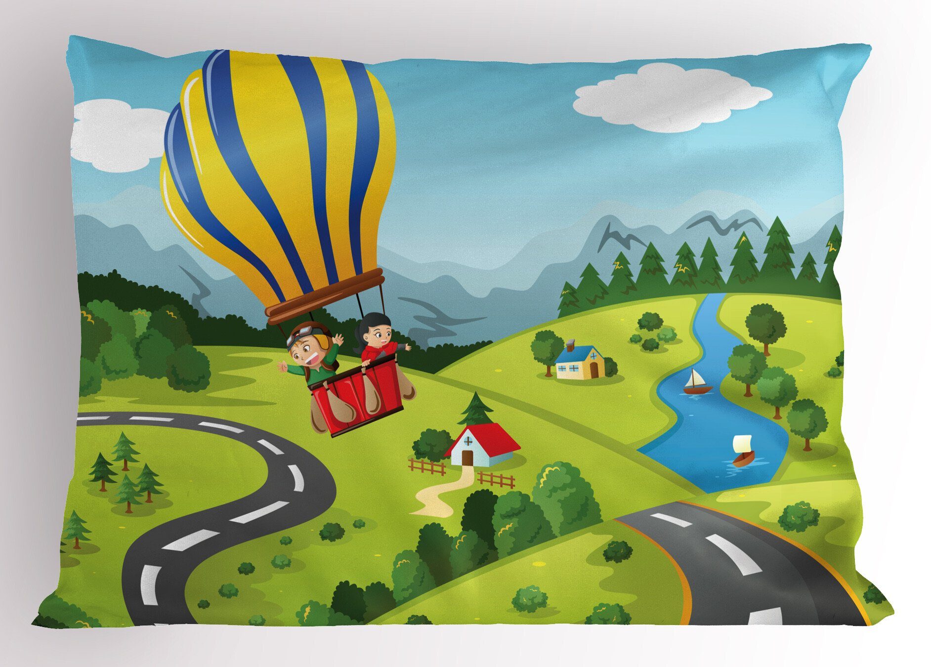 Abakuhaus (1 Size Stück), Dekorativer Heißluftballon Gedruckter Queen Kopfkissenbezug, Himmel Cartoon-Stil Kissenbezüge
