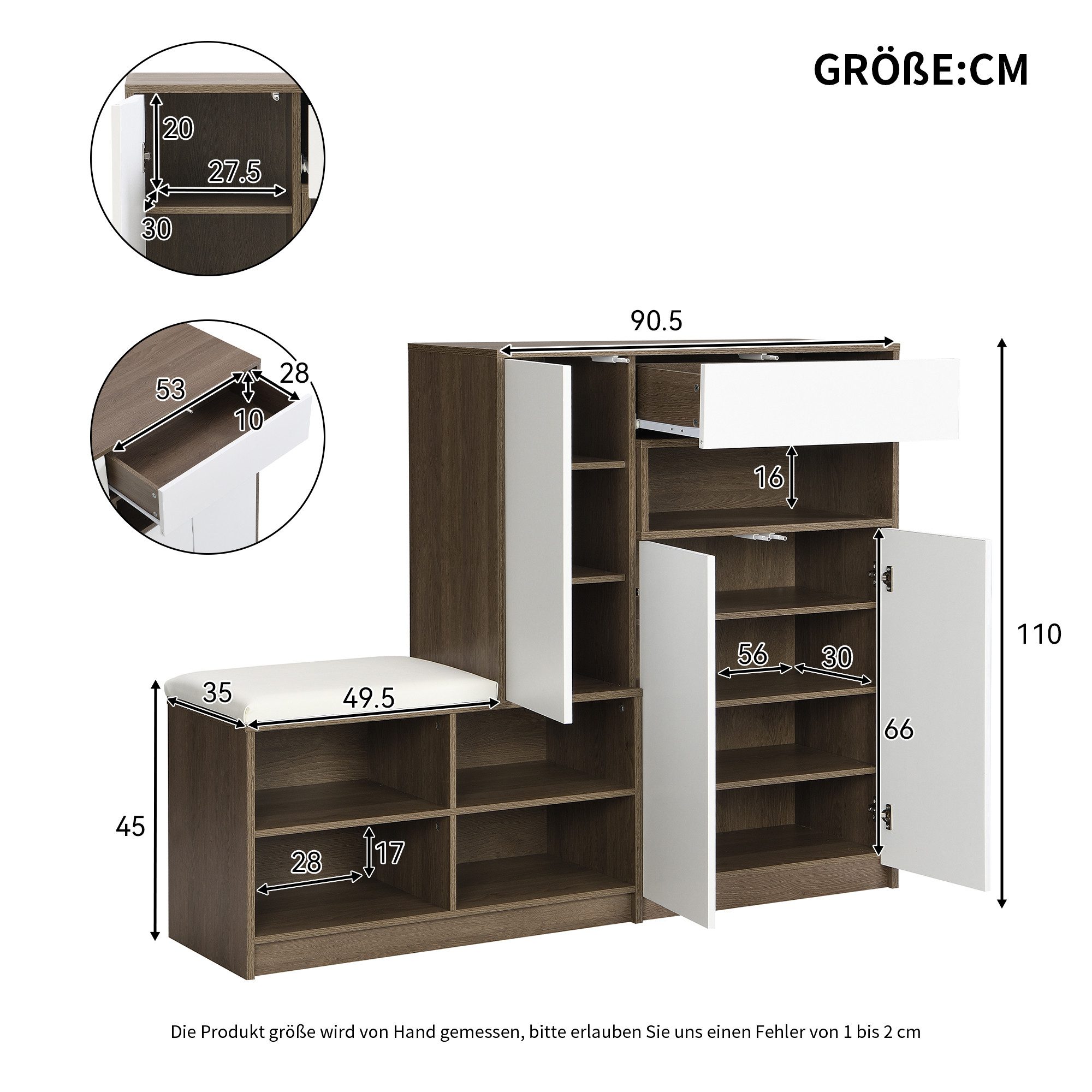 Flieks Schuhschrank (B140/T35/H110cm, 1-St., gepolsterter Sitzfläche, ca 20 Paar Schuhe) Schuhwechselhocker mit Seitenschrank Schuhbank Schuhregal – Bild 4 von 5