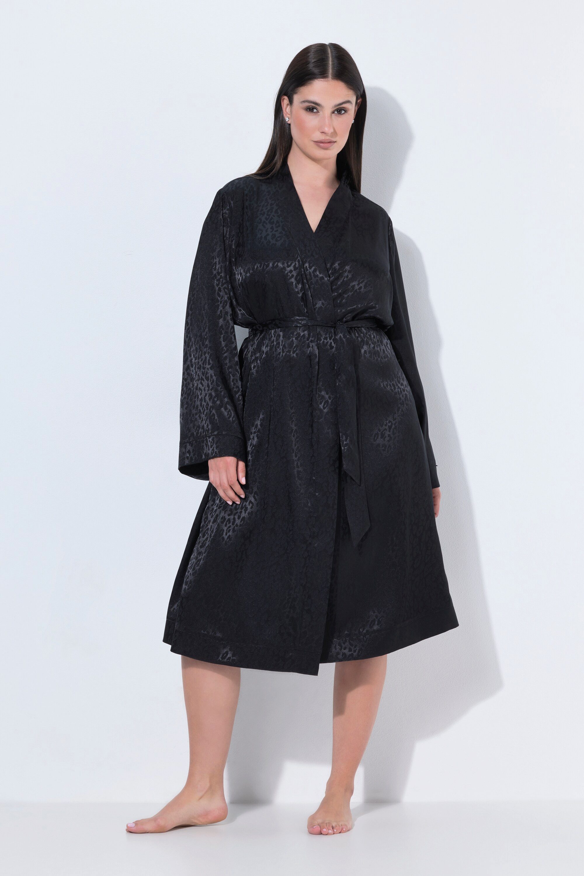 Ulla Popken Bademantel TruYou Kimono lang Satin Bindegürtel, Langform, Materialmix