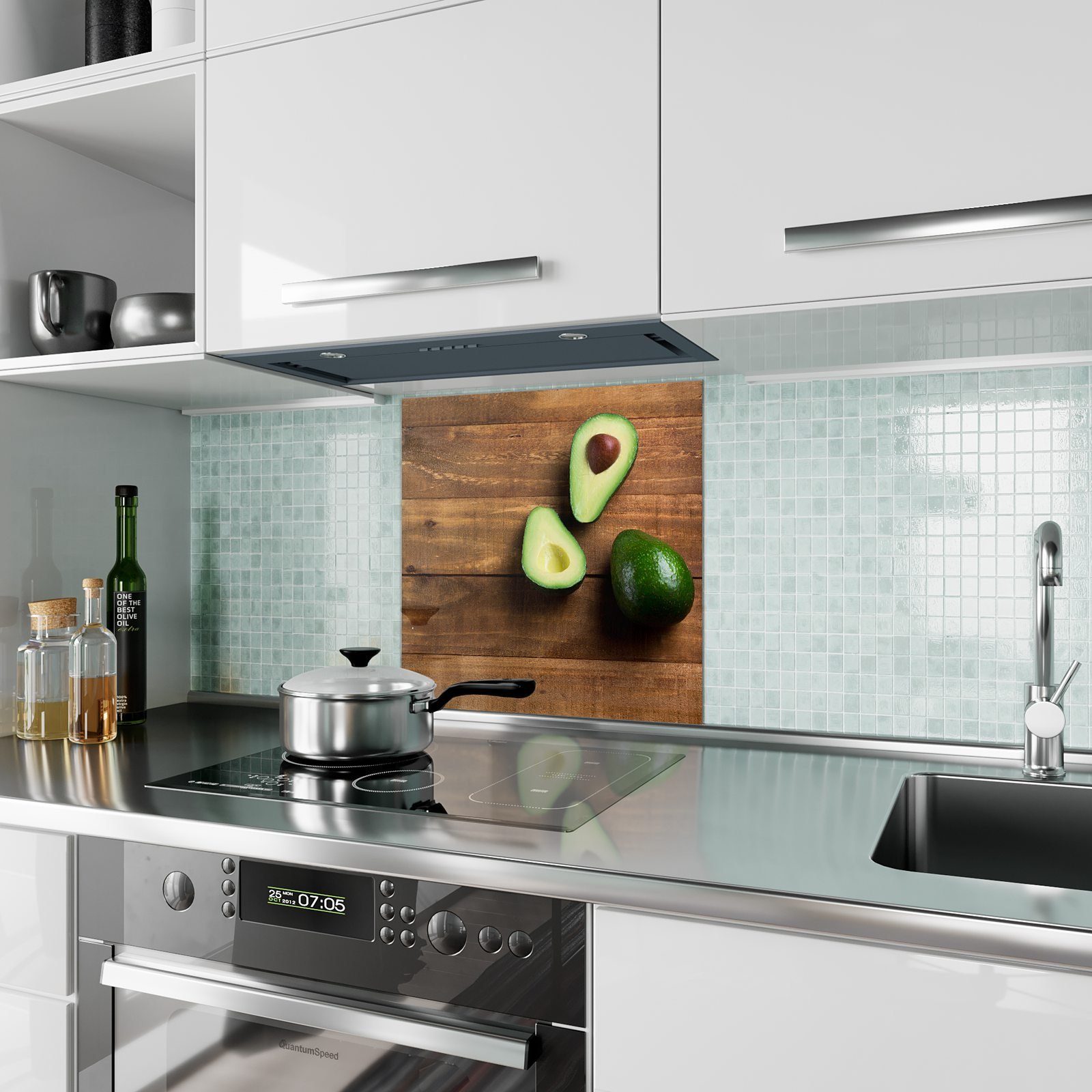 Glas mit Motiv Avocado Spritzschutz Primedeco Holztisch auf Küchenrückwand Küchenrückwand