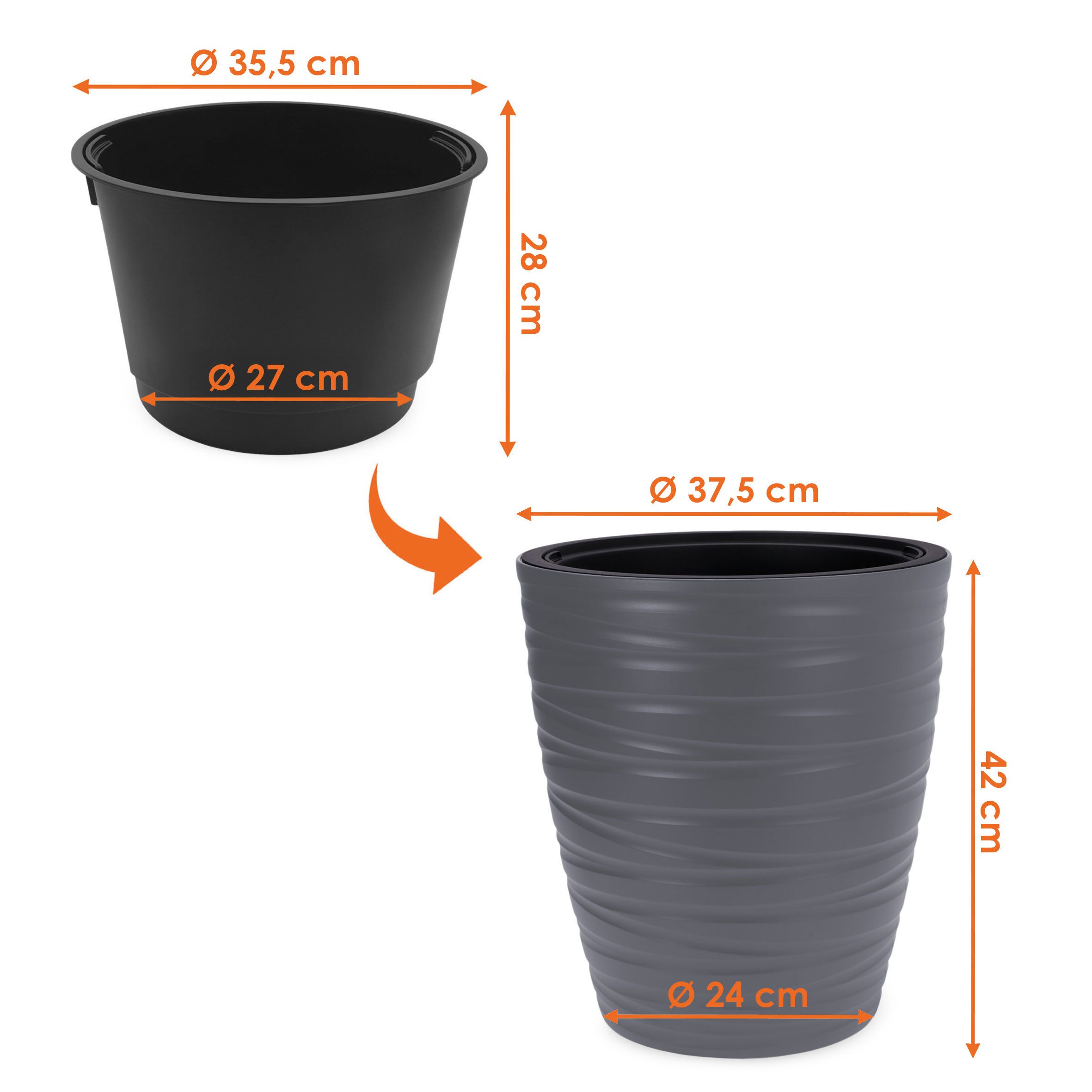 Spetebo Blumentopf Kunststoff Blumenkübel rund mit entnehmbarem Pflanzeinsatz (Anzahl, 1 St., grau), Moderner Pflanzkübel mit Wellen Design für Außen und Innen