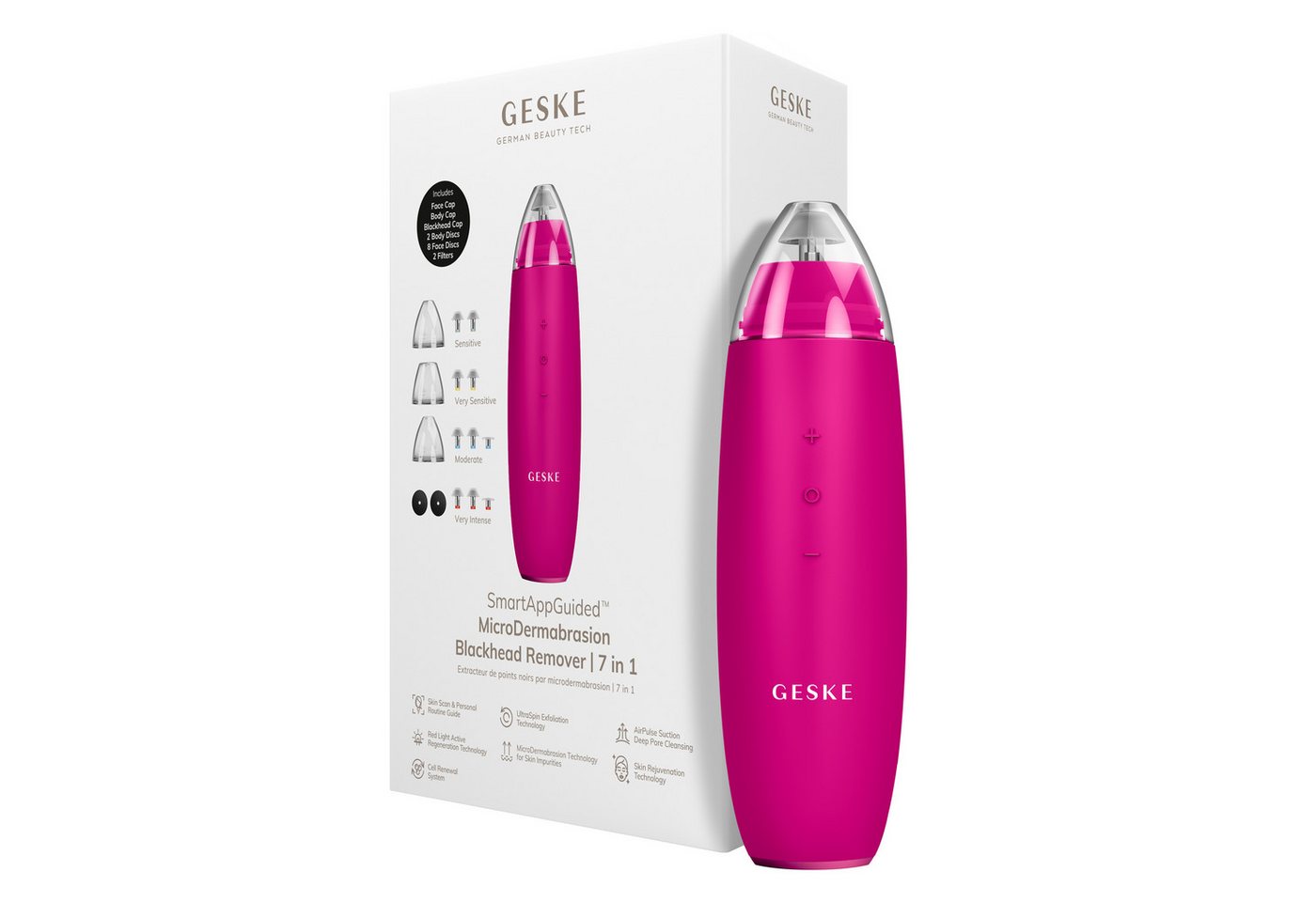 GESKE German Beauty Tech Mikrodermabrasionsgerät SmartAppGuided™ MicroDermabrasion Blackhead Remover 7 in 1, Packung (Gerät & USB-Ladekabel), 17-tlg., Gerät inkl. kostenloser APP (SmartAppGuided Device), Mit der GESKE App erhältst Du deine personalisierte