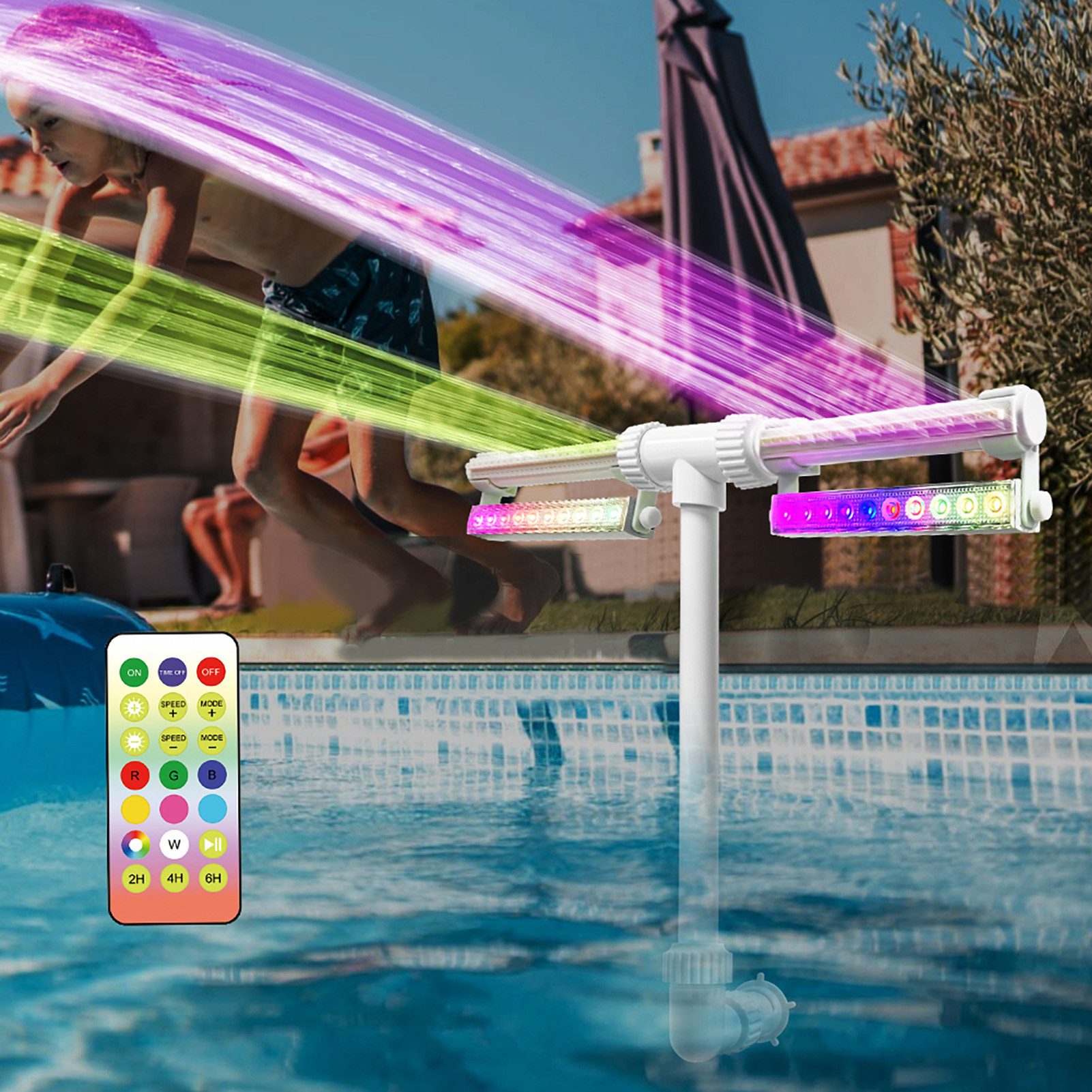 Rutaqian Poolwasserfall Pool Wasserfall mit LED Poollicht RGB, Poolfontäne Fernbedienung, Pool Springbrunnen mit Doppeldüse, Timer, IP65 für Pool Zubehör