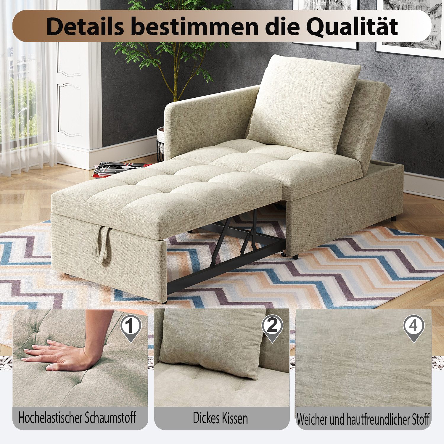 REDOM Schlafsofa 3-in-1 mit Verstellbarer Rückenlehne, Kompaktes Leinenstoffsofa, Polsterbett Sofa