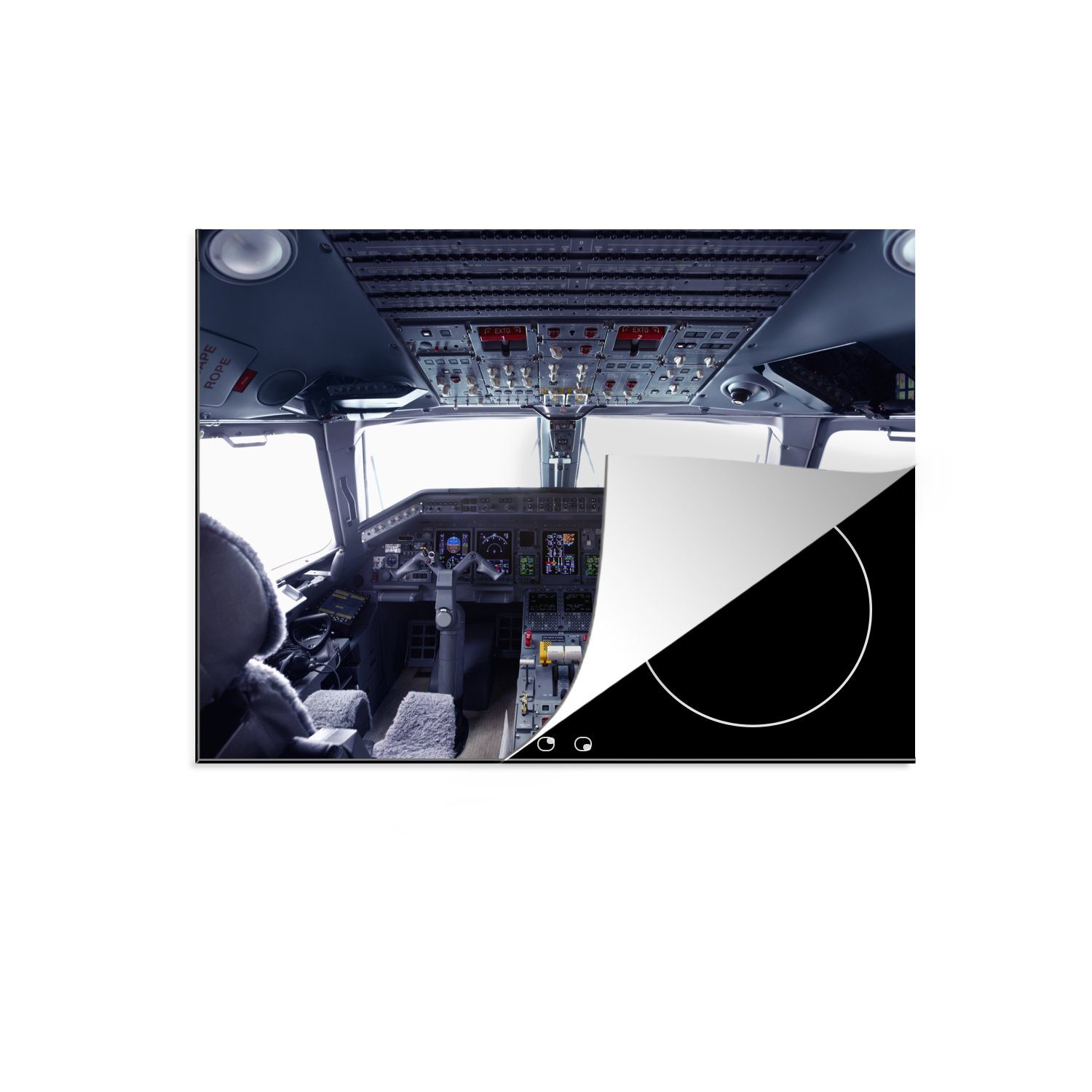 Verkehrsflugzeugs, Arbeitsfläche Ceranfeldabdeckung 70x52 cm, MuchoWow eines nutzbar, Das Cockpit Mobile Herdblende-/Abdeckplatte Vinyl, (1 tlg),