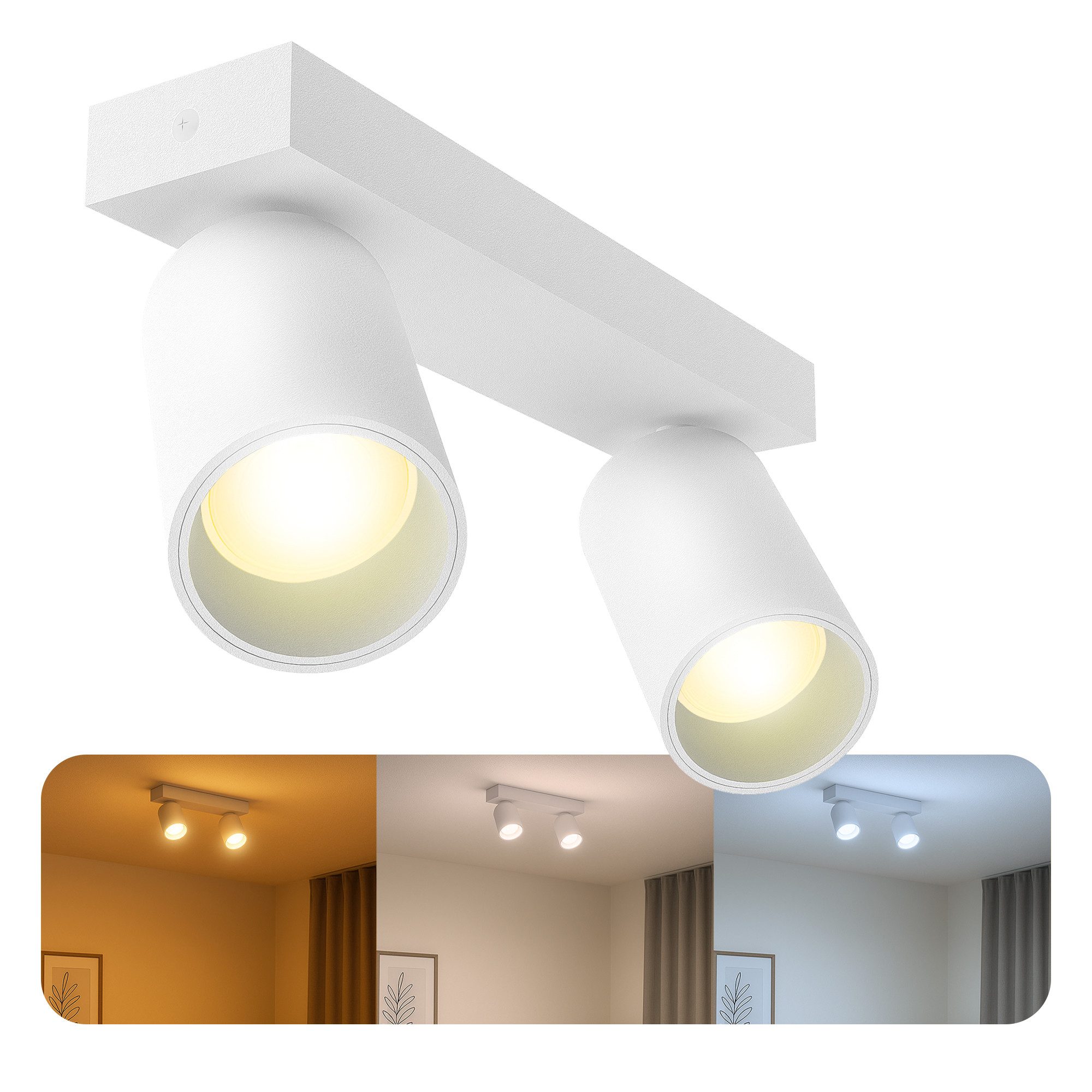 SSC-LUXon LED Aufbaustrahler Spotleuchte 2flammig NUVIO weiß Deckenlampe mit GU10 5W 3 Lichtfarben, Warmweiß bis Tageslicht