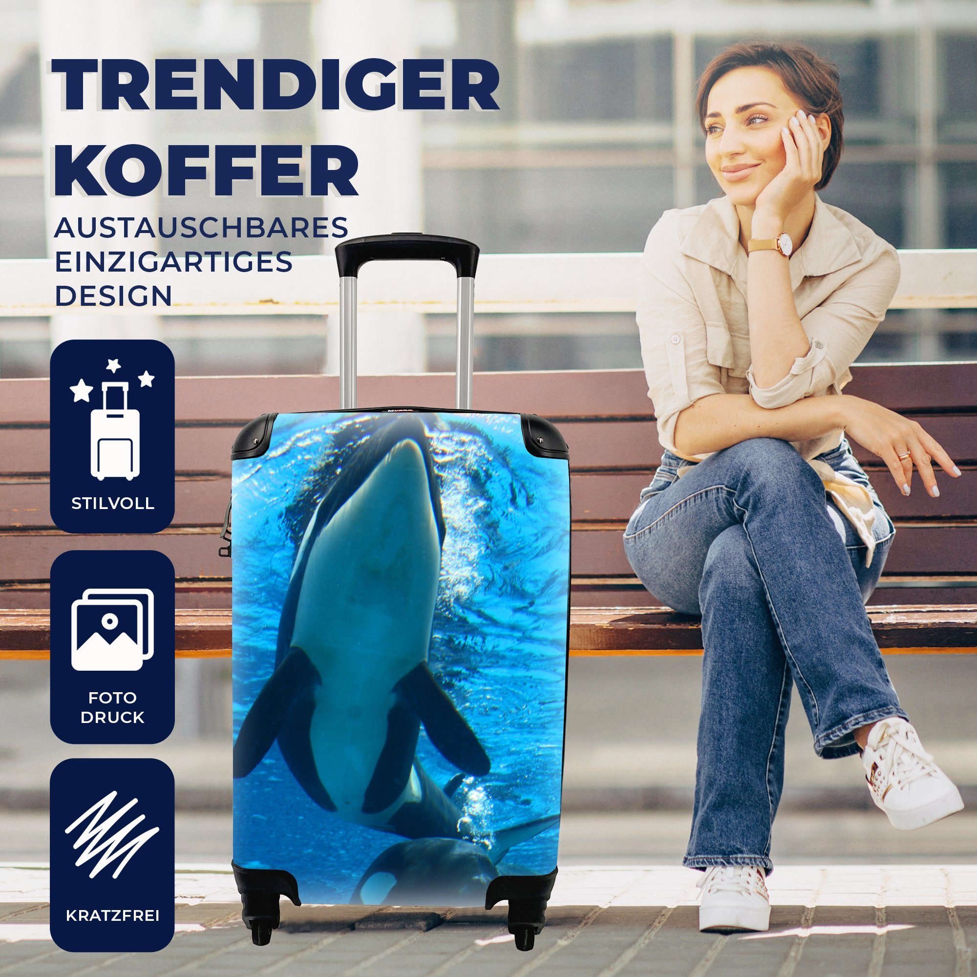 MuchoWow Handgepäckkoffer Zwei Orcas unter Wasser, 4 Rollen, Reisetasche mit rollen, Handgepäck für Ferien, Trolley, Reisekoffer