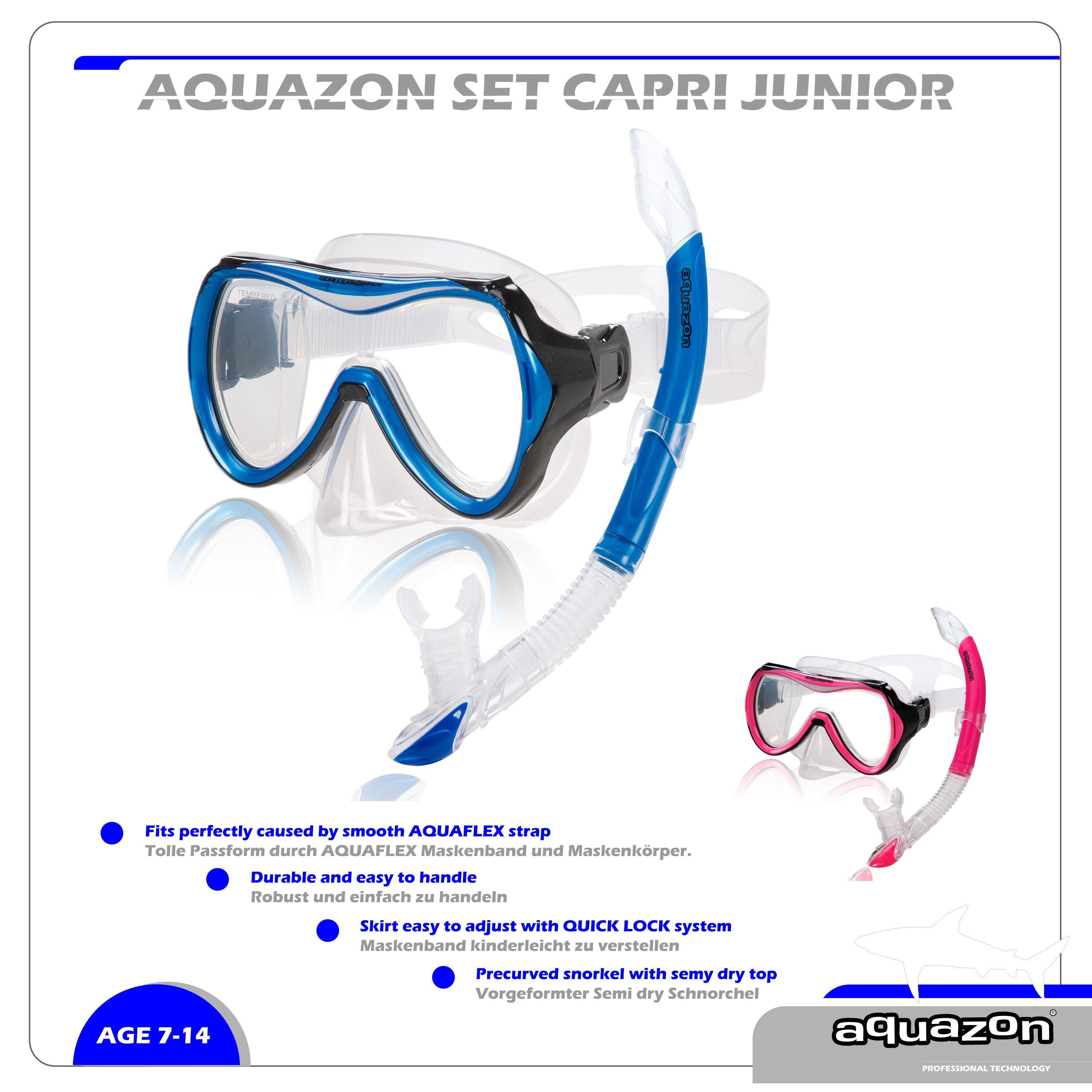 CAPRI Schnorchelset, hochwertiges Taucherbrille mit blue Kinder Schnorchel, AQUAZON