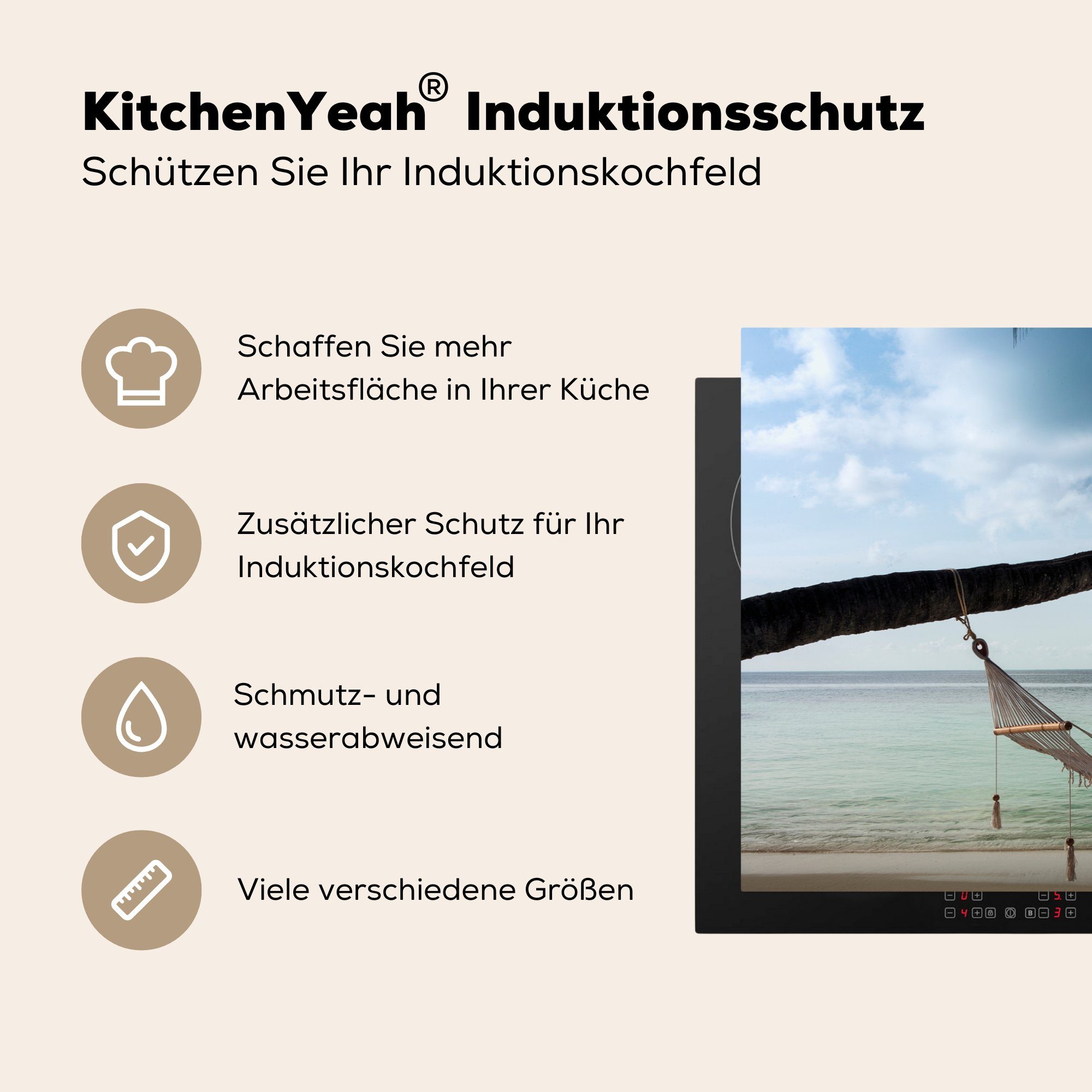 81x52 küche, Vinyl, Schutz Induktionskochfeld (1 Palme MuchoWow die cm, Strand, tlg), Herdblende-/Abdeckplatte - Ceranfeldabdeckung Hängematte - für