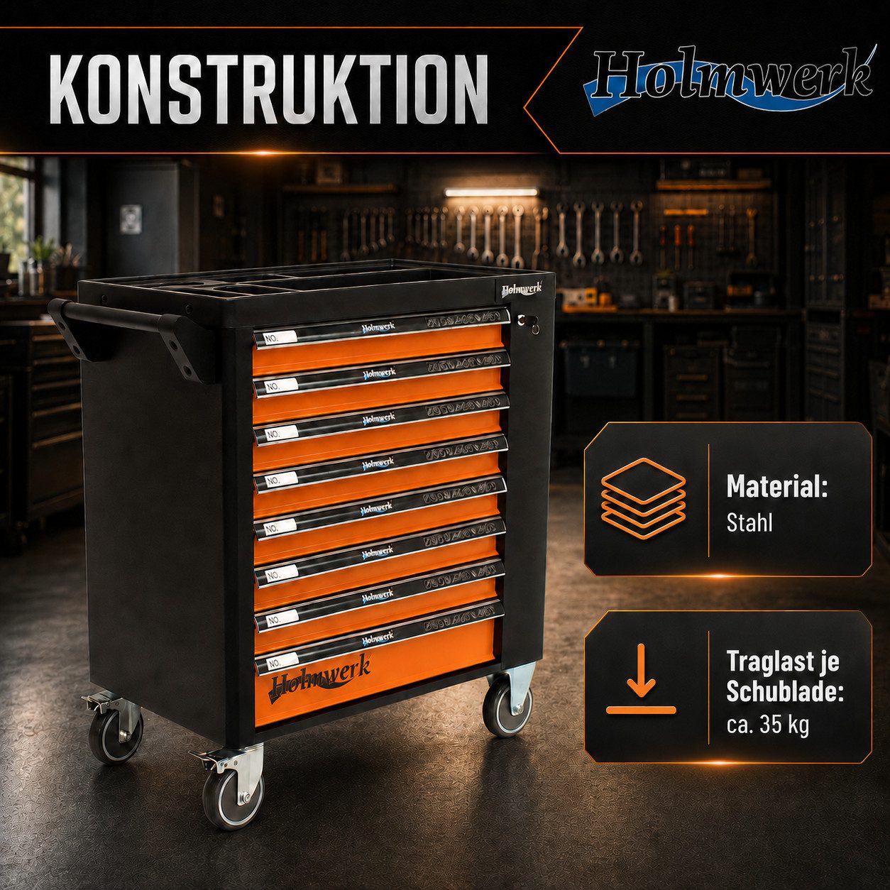 Holmwerk Werkstattwagen Werkstattwagen Profi leer orange Montagewagen Werkzeugwagen Assistent, leer, max. Traglast:400 kg, (Artikel, 1-tlg), Vollauszug