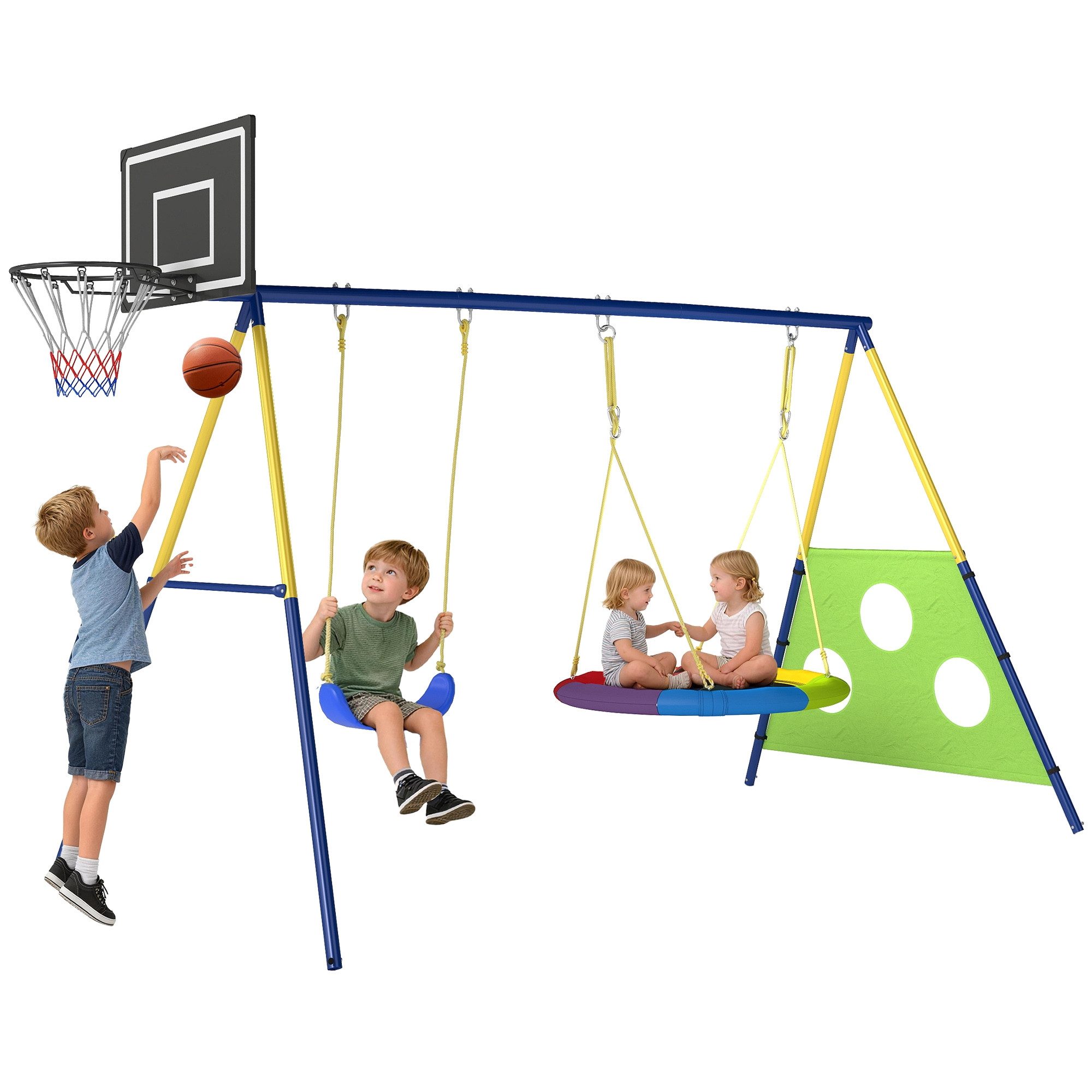 MC Star Nestschaukel Schaukelgestell 4-in-1 Schaukel-Set bis 150 kg, (mit Nestschaukel Basketballkorb Fußballtor U-Schaukel 288 x 160 x 220 cm)