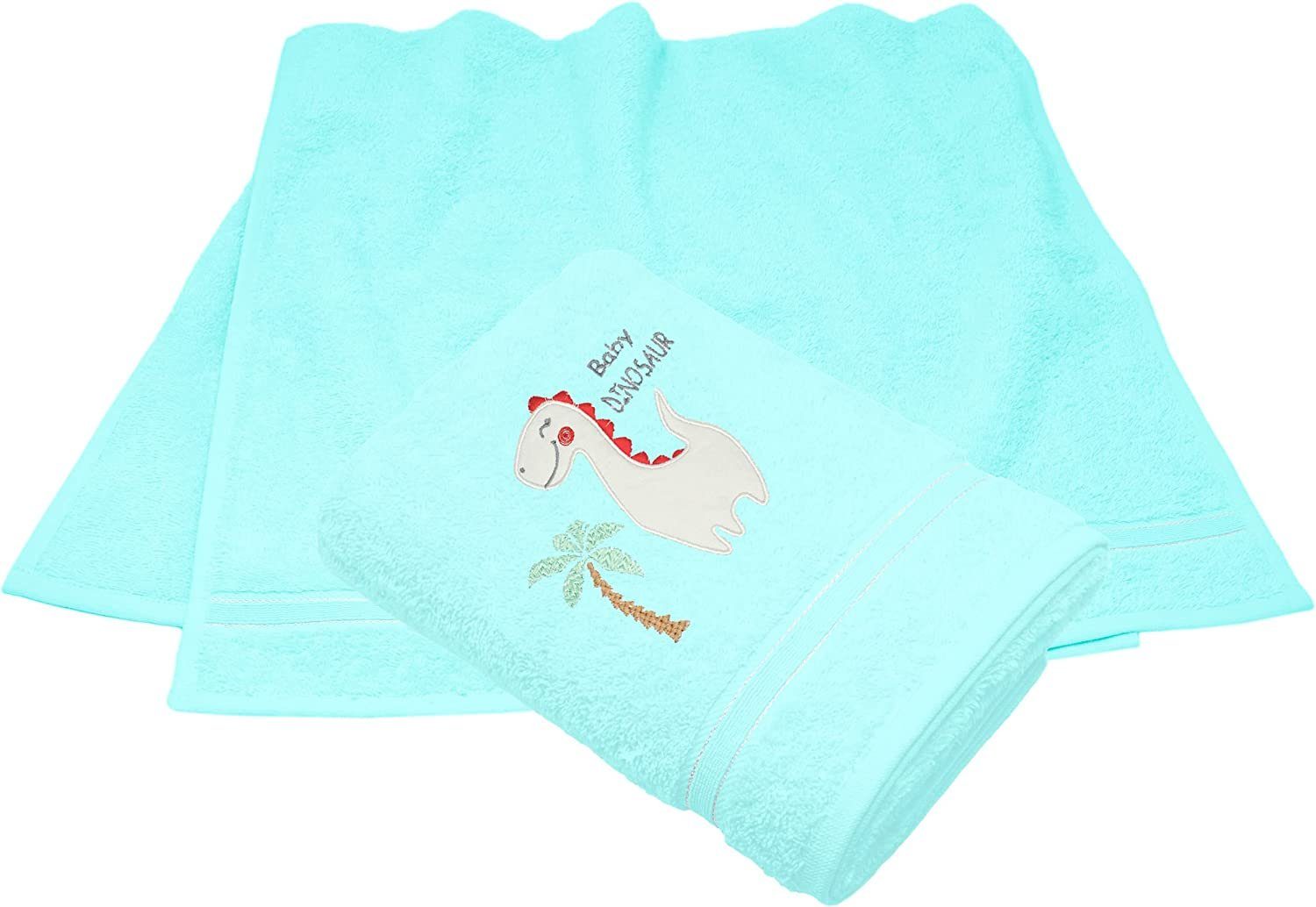 2-tlg) Lashuma Jungen (Set, Neugeborenen-Geschenkset für bestickt cm Blaue Kinderhandtücher Dino 50x90