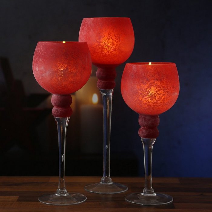 MARELIDA Windlicht Kerzenhalter Kelch FROST Glas 3 Höhen Windlicht gefrostet rot satiniert 3er Set (3 St)