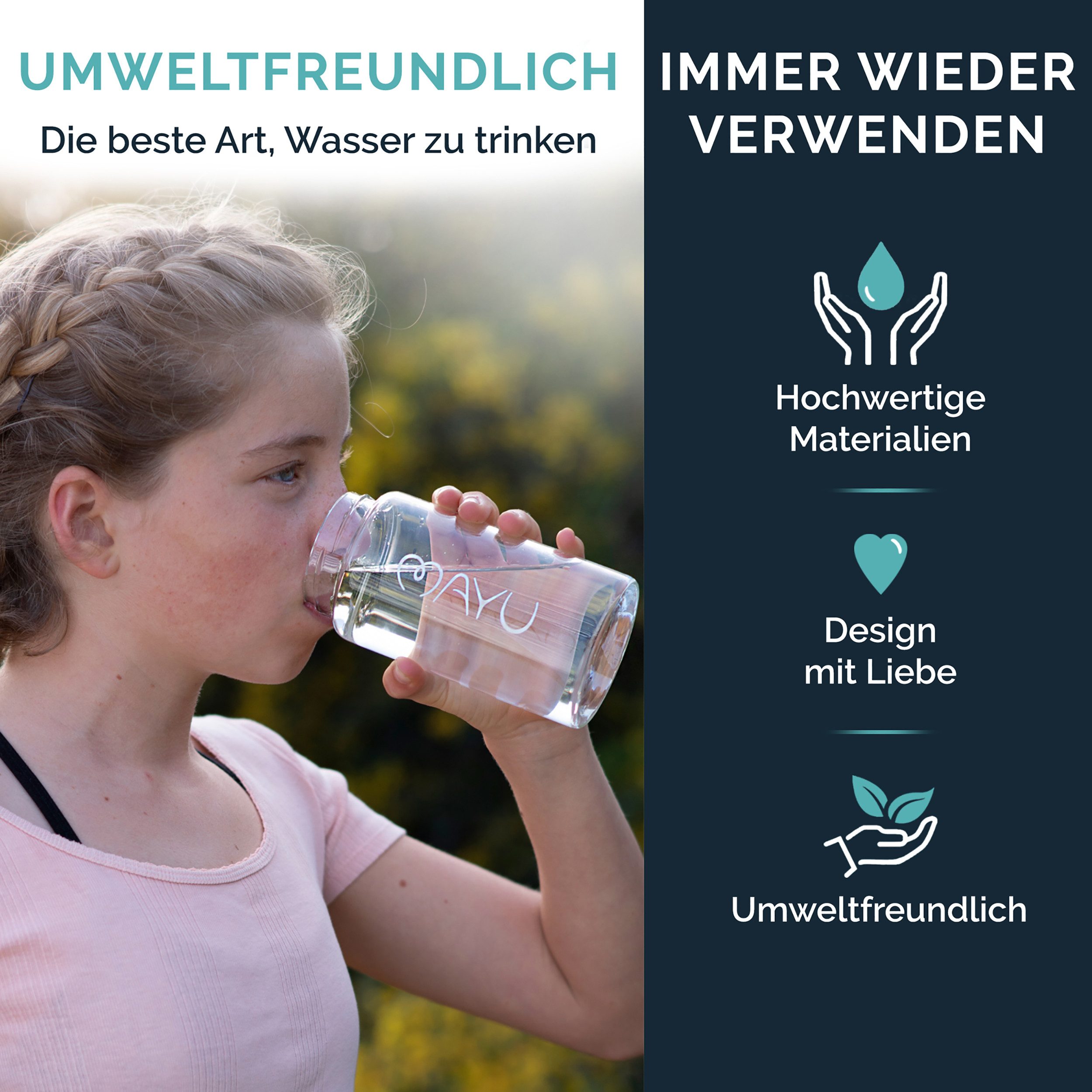 MAYU Water Trinkflasche 100% Borosilikatglas, Deckel aus Bambus, integriertes Sieb, verschiedene Größen