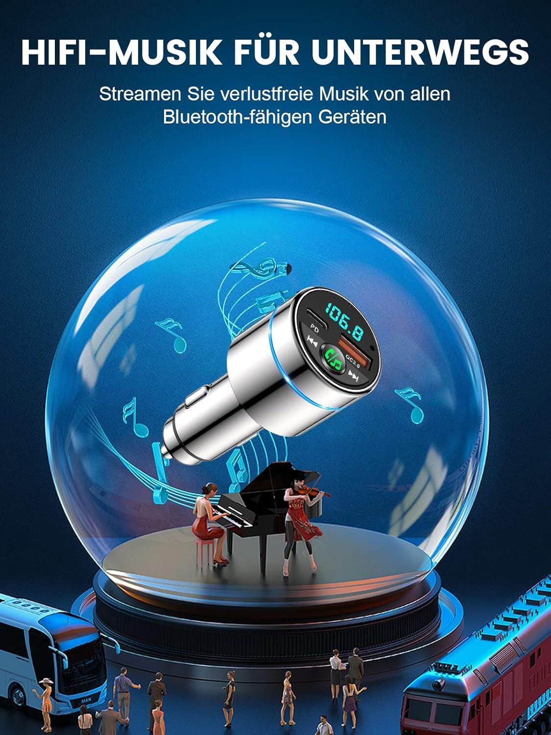 TUWENA FM Transmitter Auto Bluetooth, Schnelles Ladegerät Zigarettenanzünder Auto-Adapter, KFZ Bluetooth Freisprechanlage, Noise Cancelling Mikrofon, Ringlicht