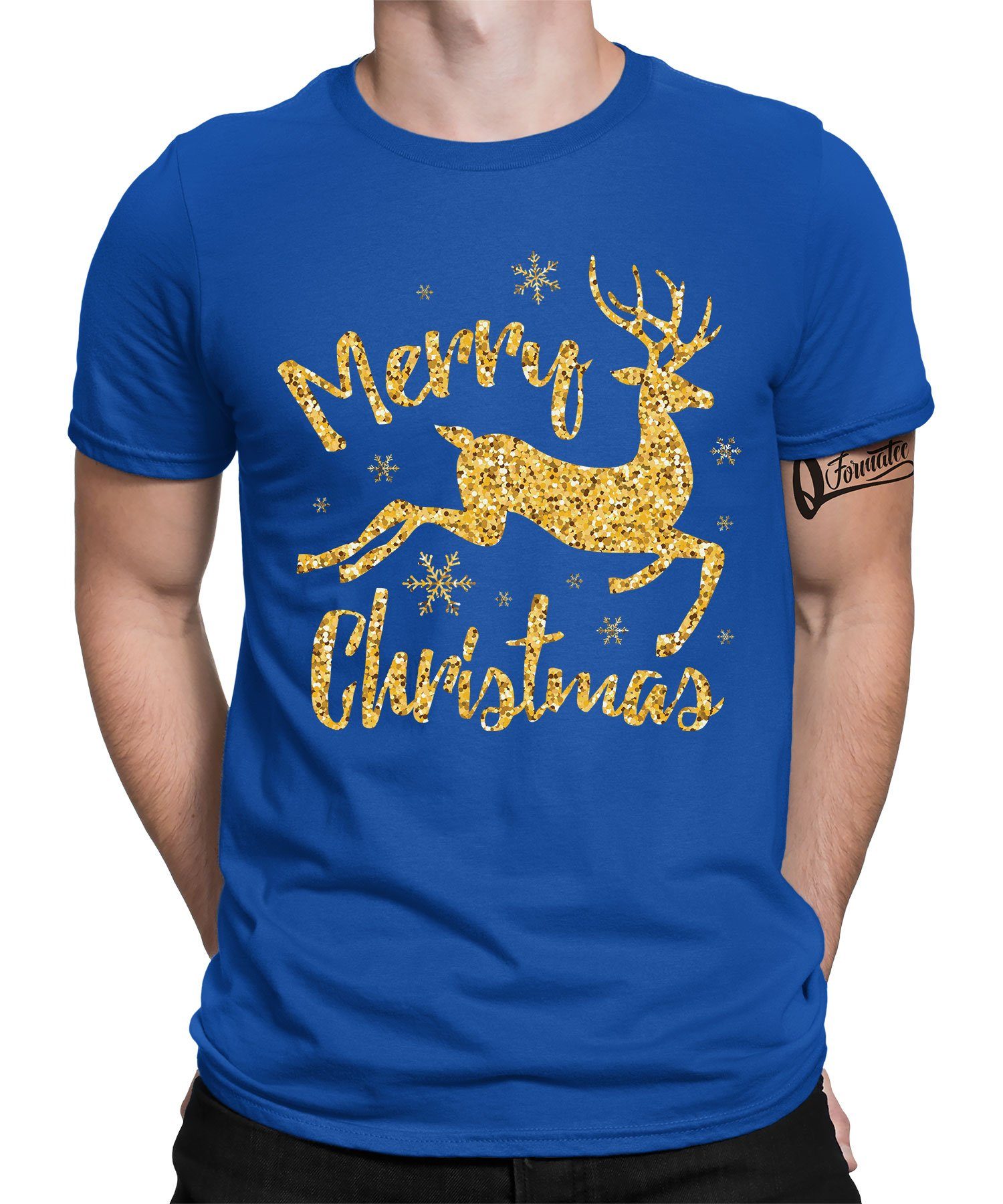 Quattro Formatee Kurzarmshirt Merry Christmas Rentier - Weihnachten Nikolaus Weihnachtsgeschenk (1-tlg) Blau