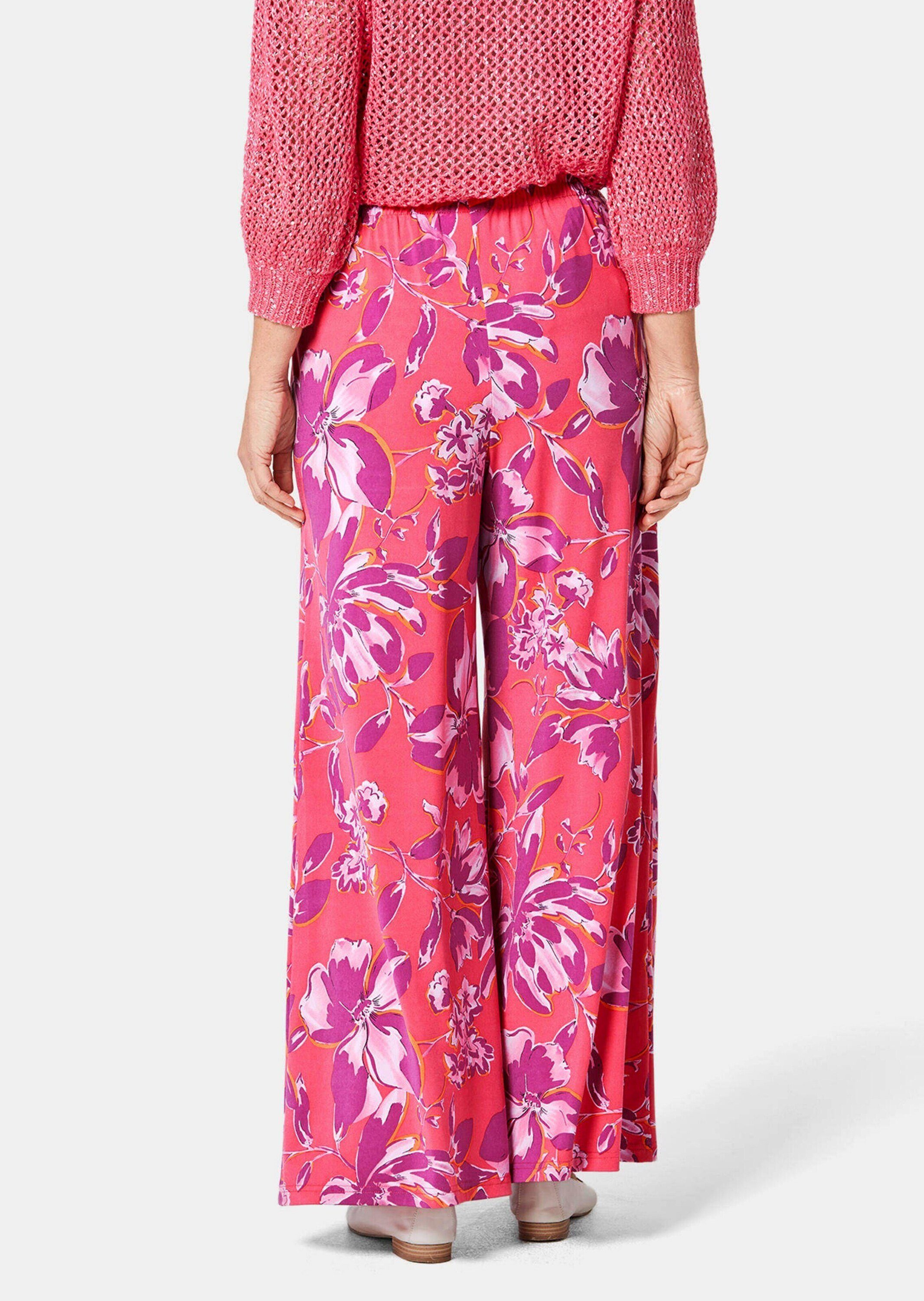 GOLDNER Stoffhose Kurzgröße: Palazzo-Hose mit Blütendruck Schlupfbund und farbenfrohes Blütenmuster als Eyecatcher