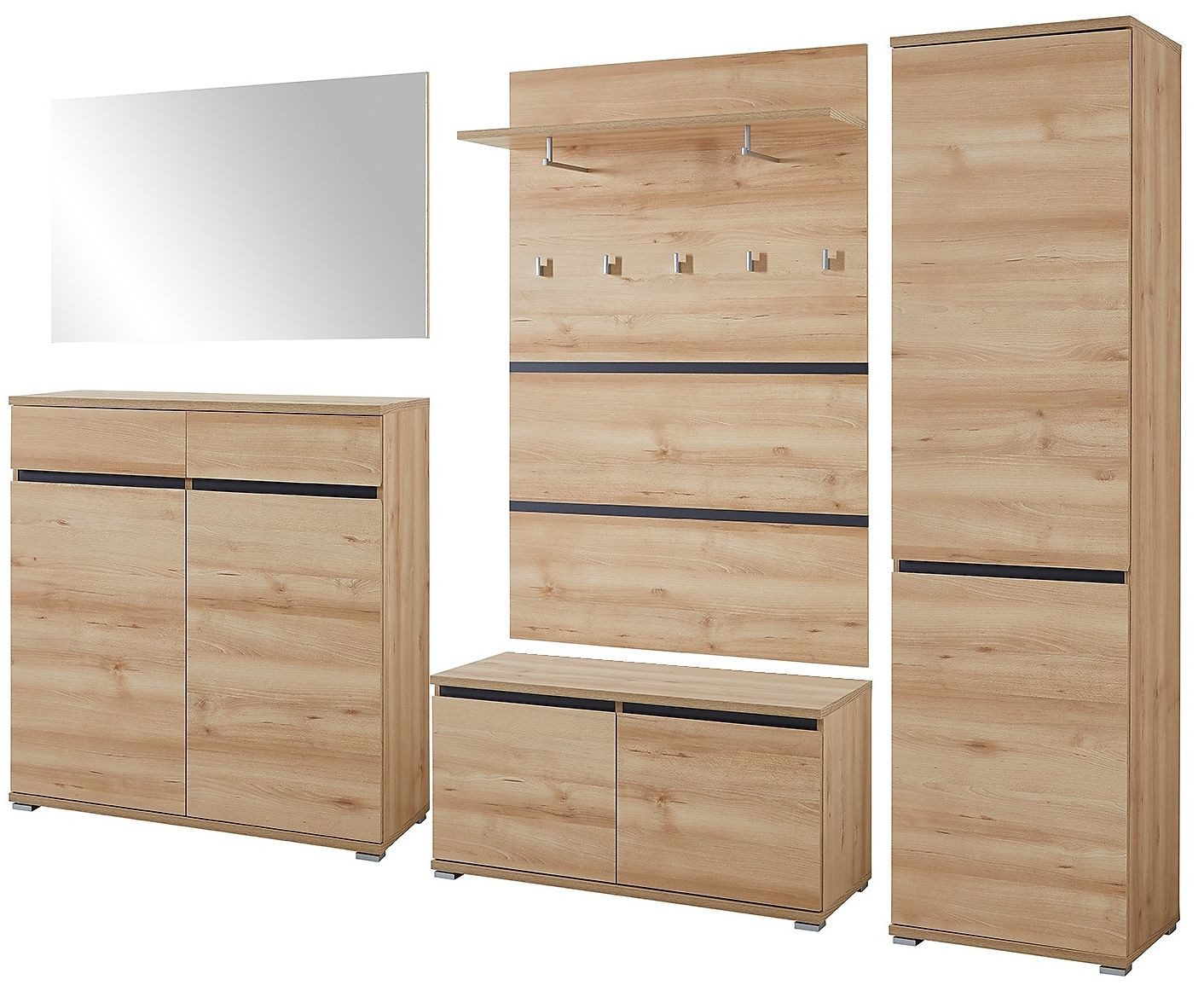 FURNARO Garderoben-Set, (5-St., Garderobenschrank Schuhbank Garderobenpaneel Schuhschrank Spiegel), Soft-Close Made in Germany 200x276x40cm