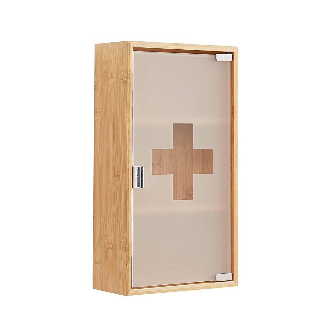 Zedelmaier Medizinschrank Medikamentenschrank aus Bambus mit höhenverstellbaren Einlegeböden (NHYX3001BM) Satinierte Tür aus gehärtetem Glas, 2 Schlüssel für Badezimmer, Büros