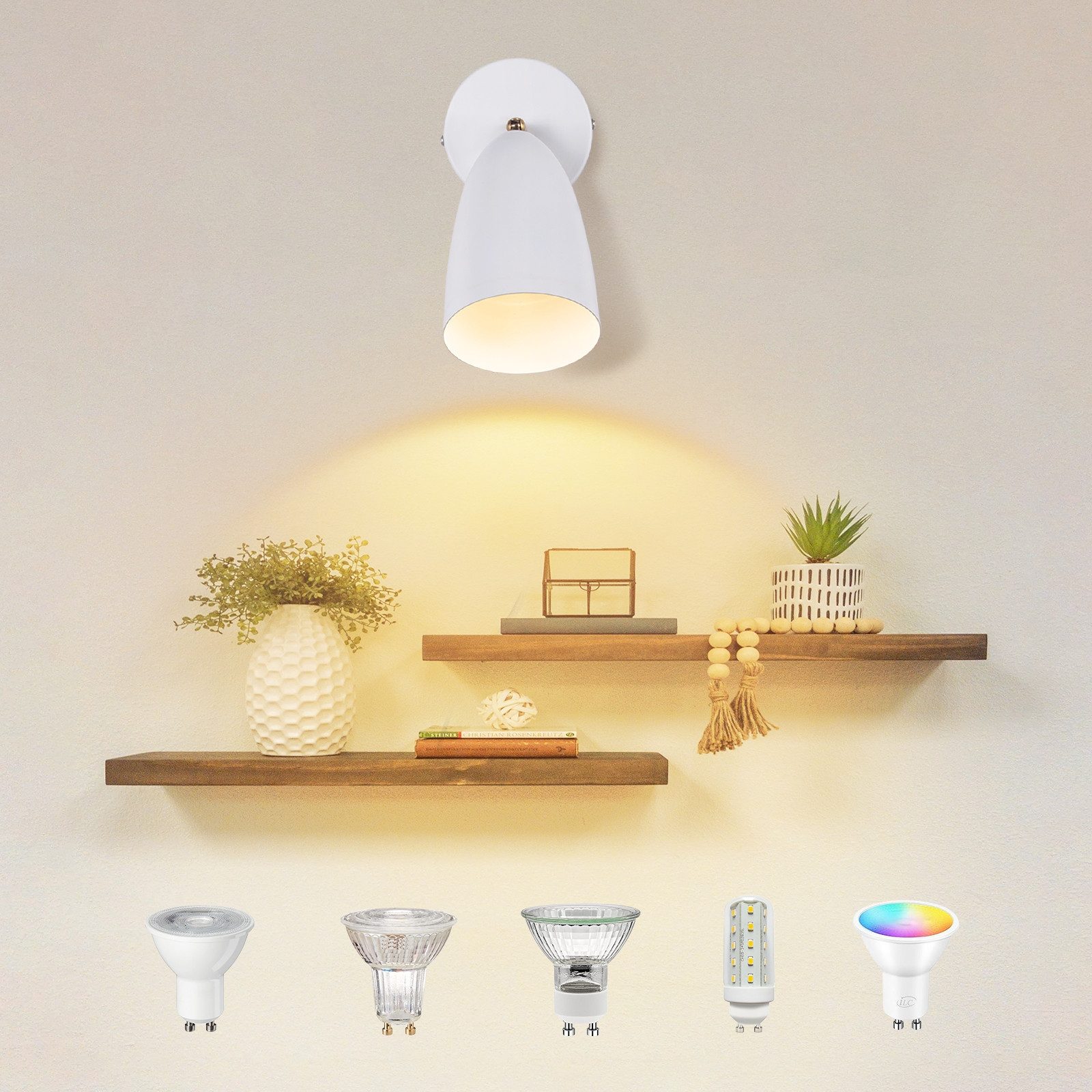 ZMH Wandleuchte Innen Schwarz/Weiß Vintage Einstellbar Wandspot Schlafzimmer Max.40W, Einfache Installation, LED fest integriert, Schwenkbar 350° Deckenlampe Retro GU10 für Wohnzimmer Flur