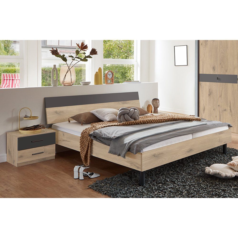 Schlafzimmer-Set graphit BRADFORD-43, 180x200cm, 2 3-St), Bett Nachtschränke, Lomadox mit Eiche (Spar-Set,